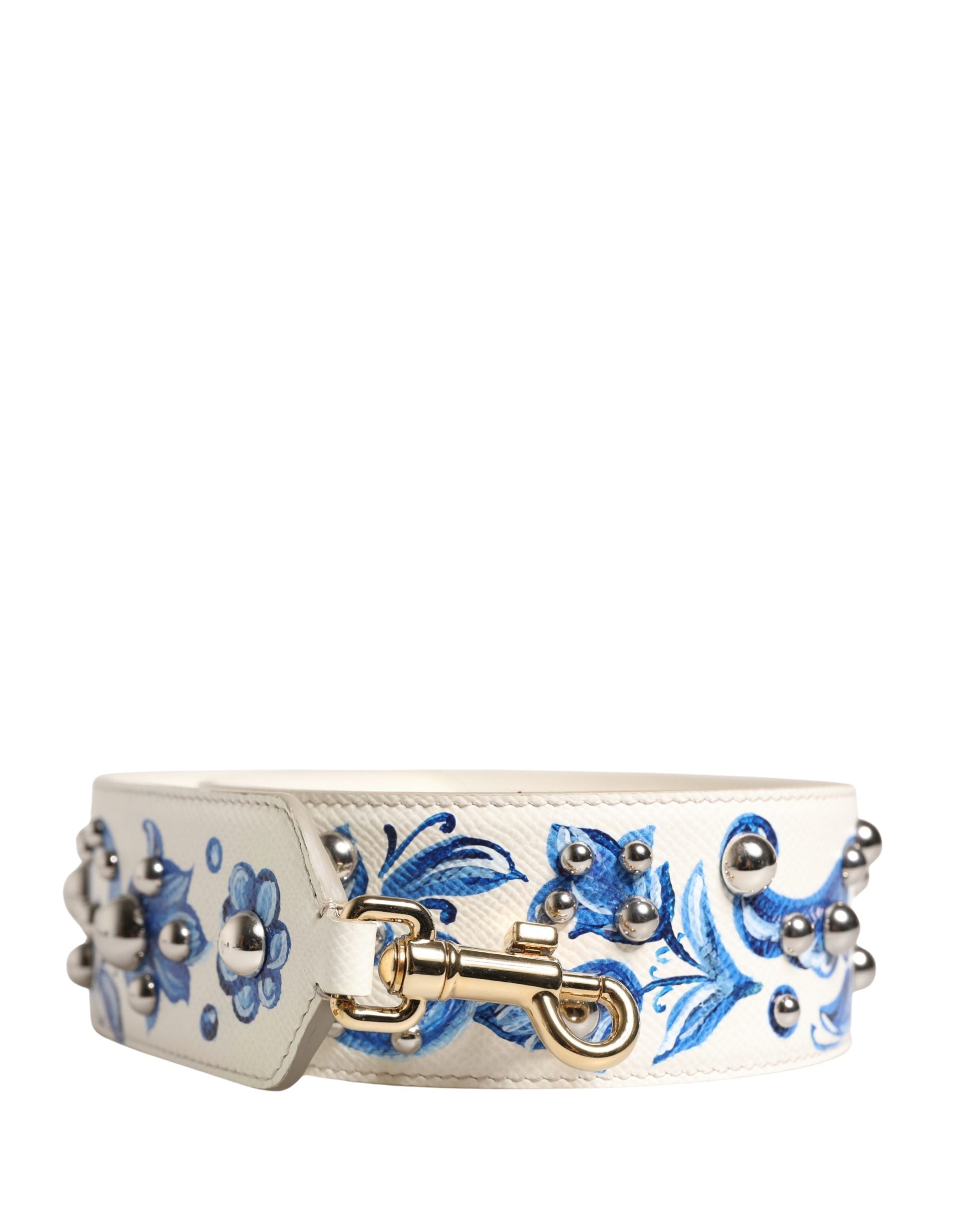 Dolce & Gabbana White Blue Floral Leather Stud Accessory Shoulder Women's Strap