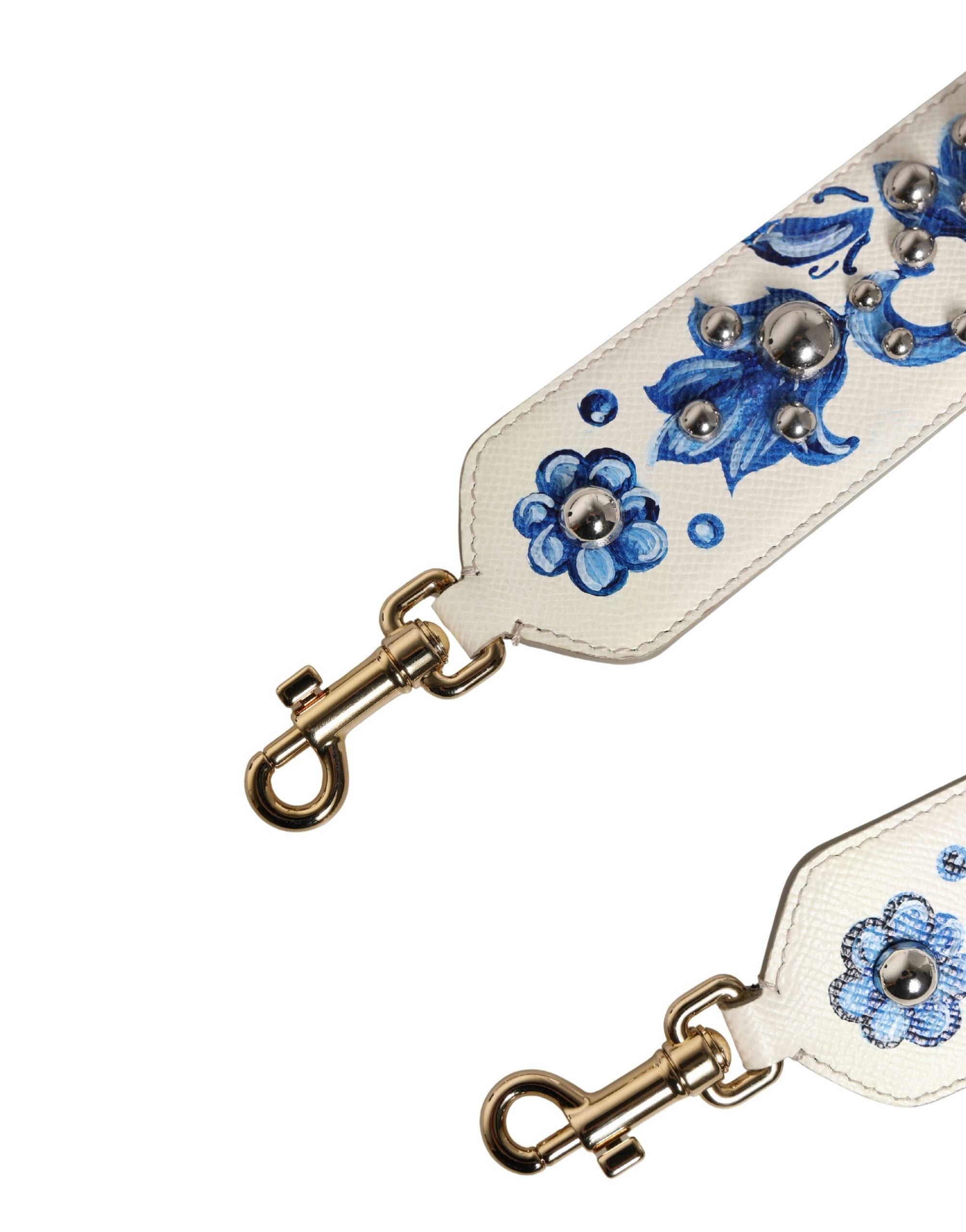 Dolce & Gabbana White Blue Floral Leather Stud Accessory Shoulder Women's Strap