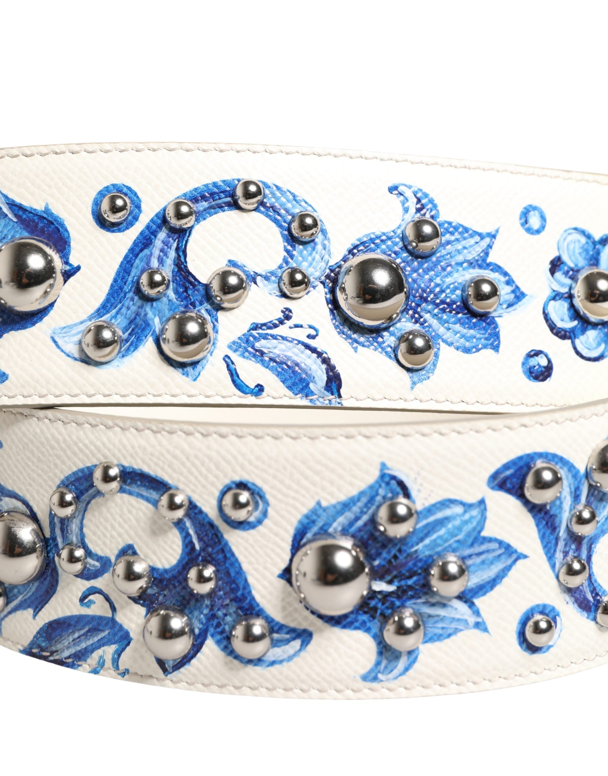 Dolce & Gabbana White Blue Floral Leather Stud Accessory Shoulder Women's Strap