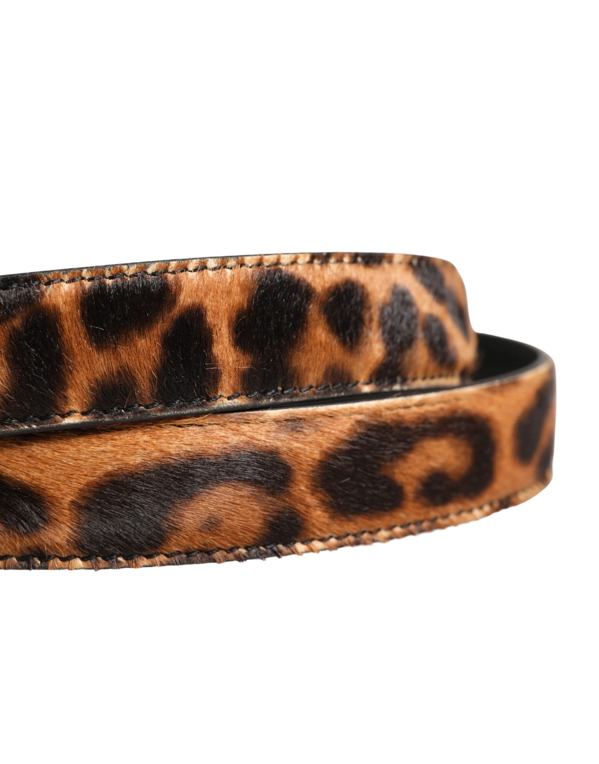 Dolce & Gabbana Brown Calf Fur Leopard Metal Buckle Women's Belt