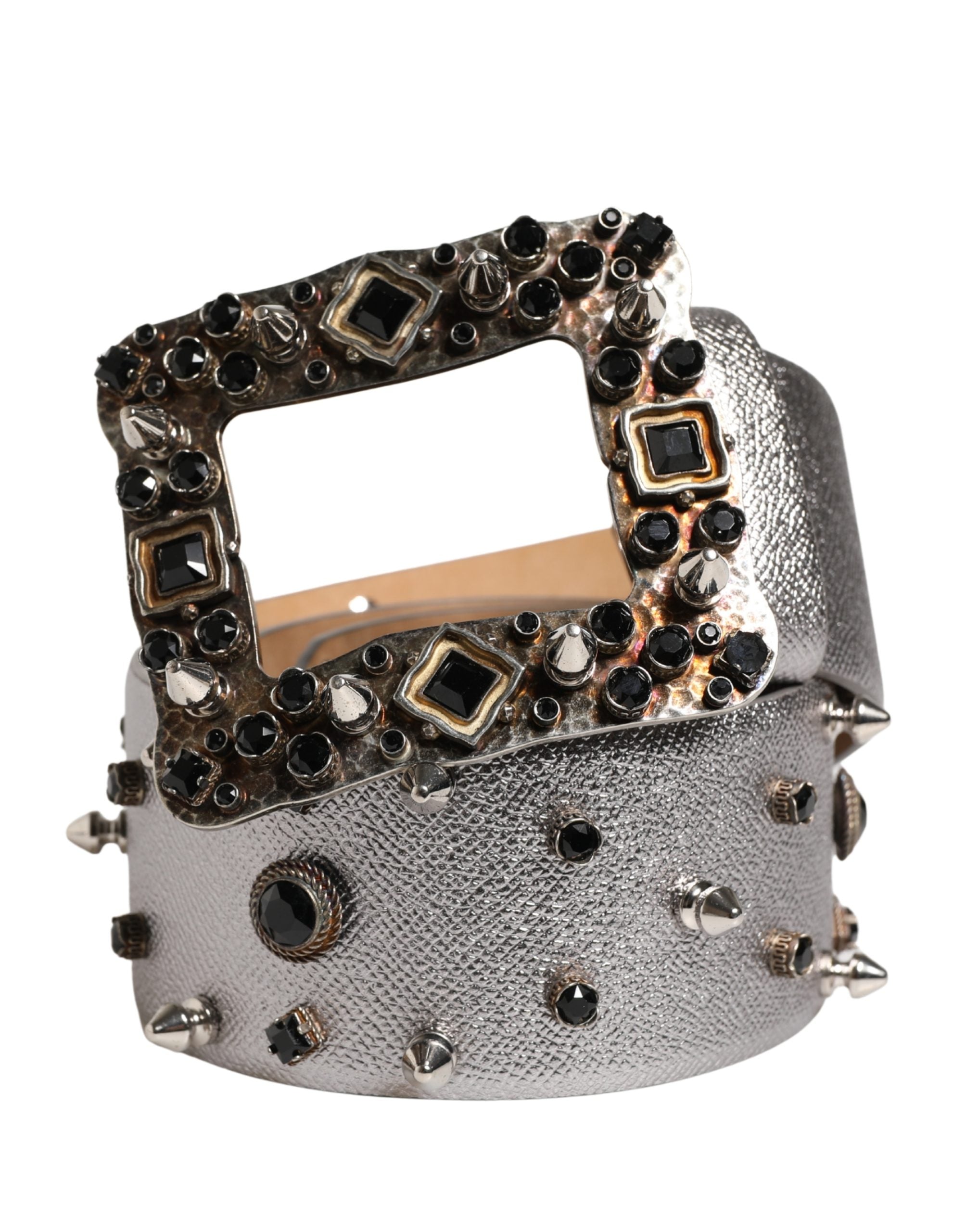 Dolce & Gabbana Silver Leather Crystal Metal Buckle Women's Belt