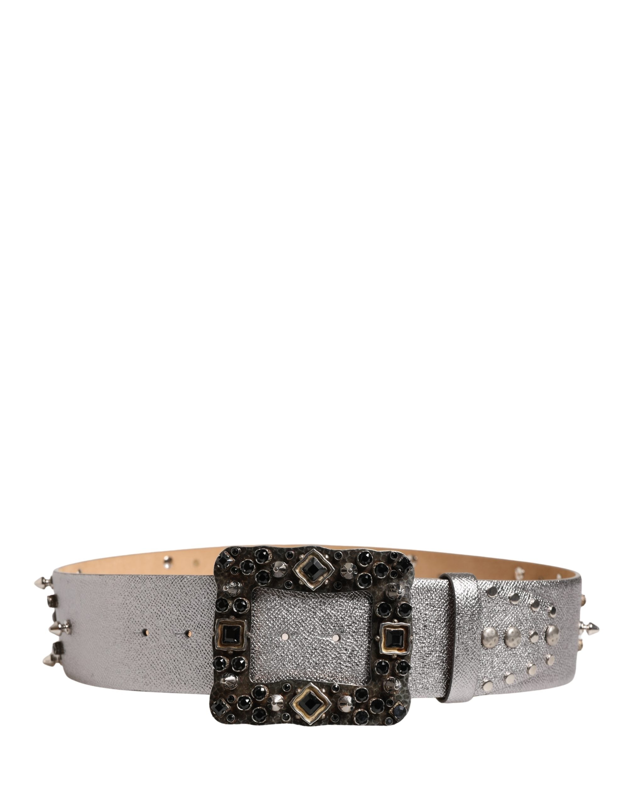 Dolce & Gabbana Silver Leather Crystal Metal Buckle Women's Belt