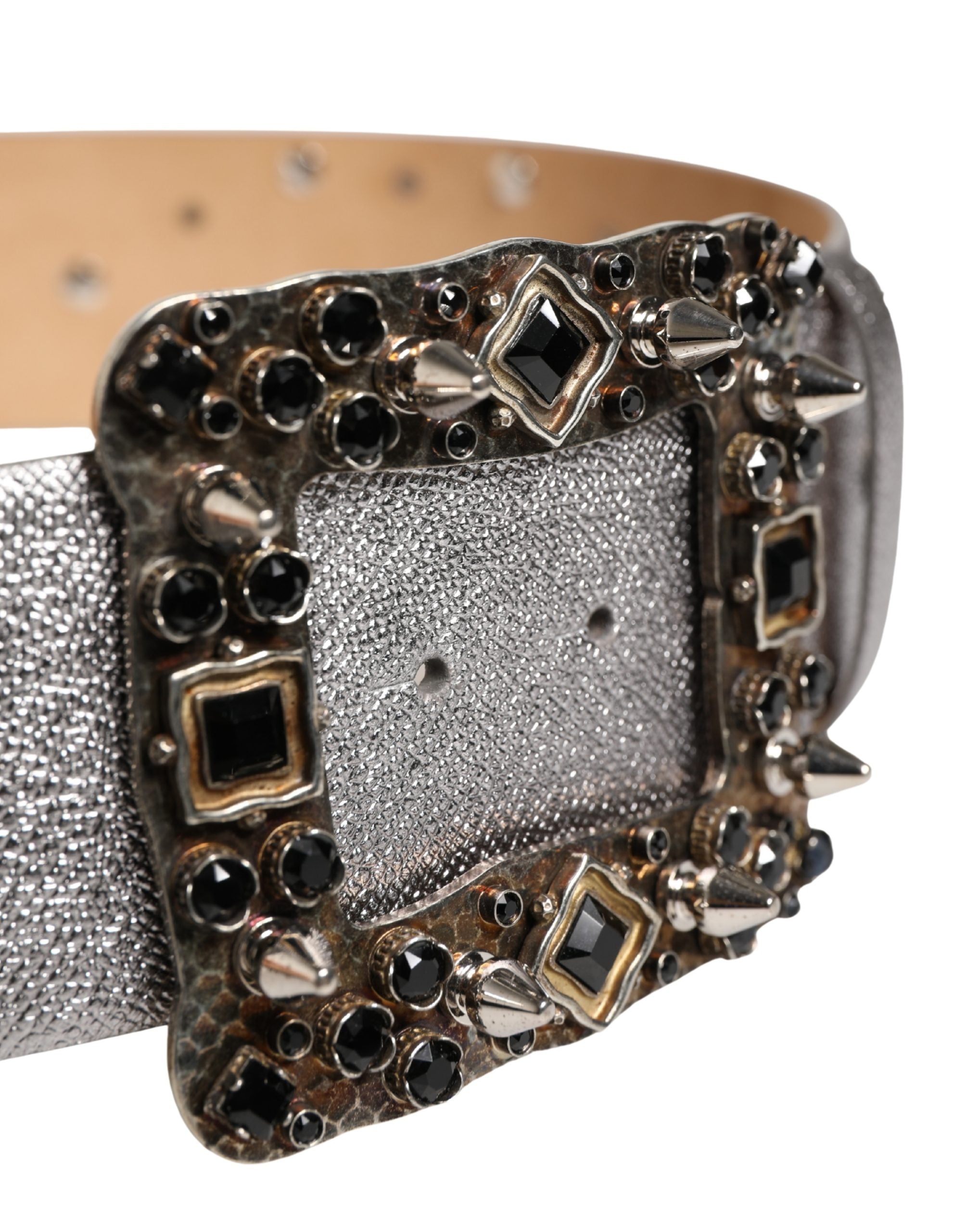 Dolce & Gabbana Silver Leather Crystal Metal Buckle Women's Belt
