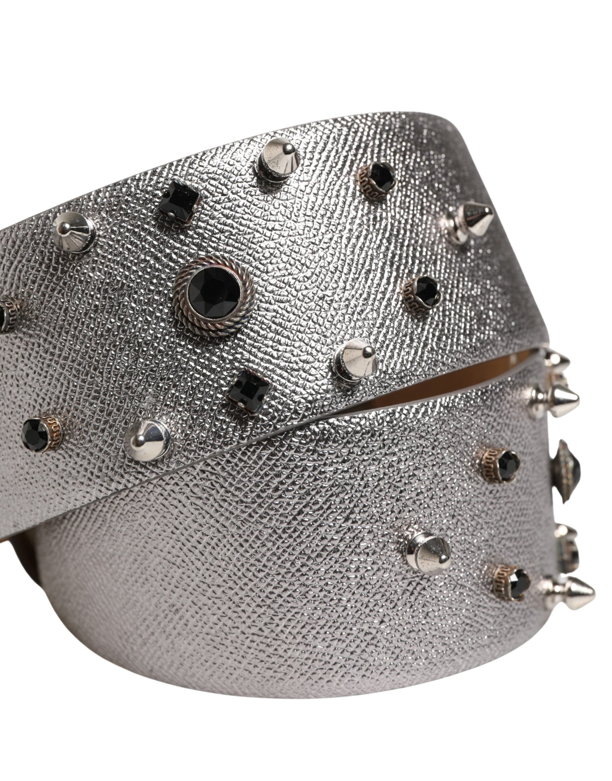 Dolce & Gabbana Silver Leather Crystal Metal Buckle Women's Belt