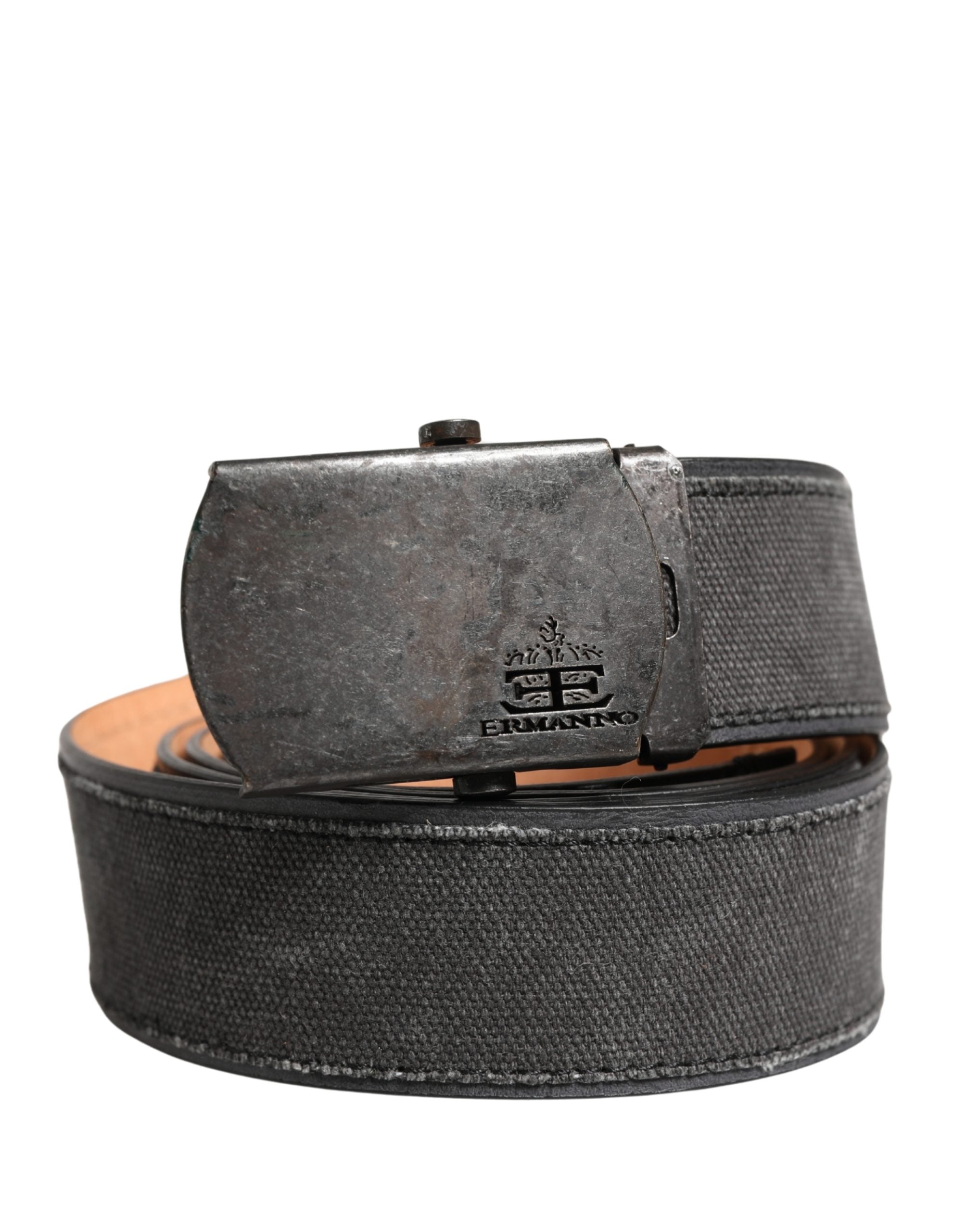 Ermanno Scervino Black Leather Cotton Logo Metal Buckle Women's Belt (Pre-Owned)