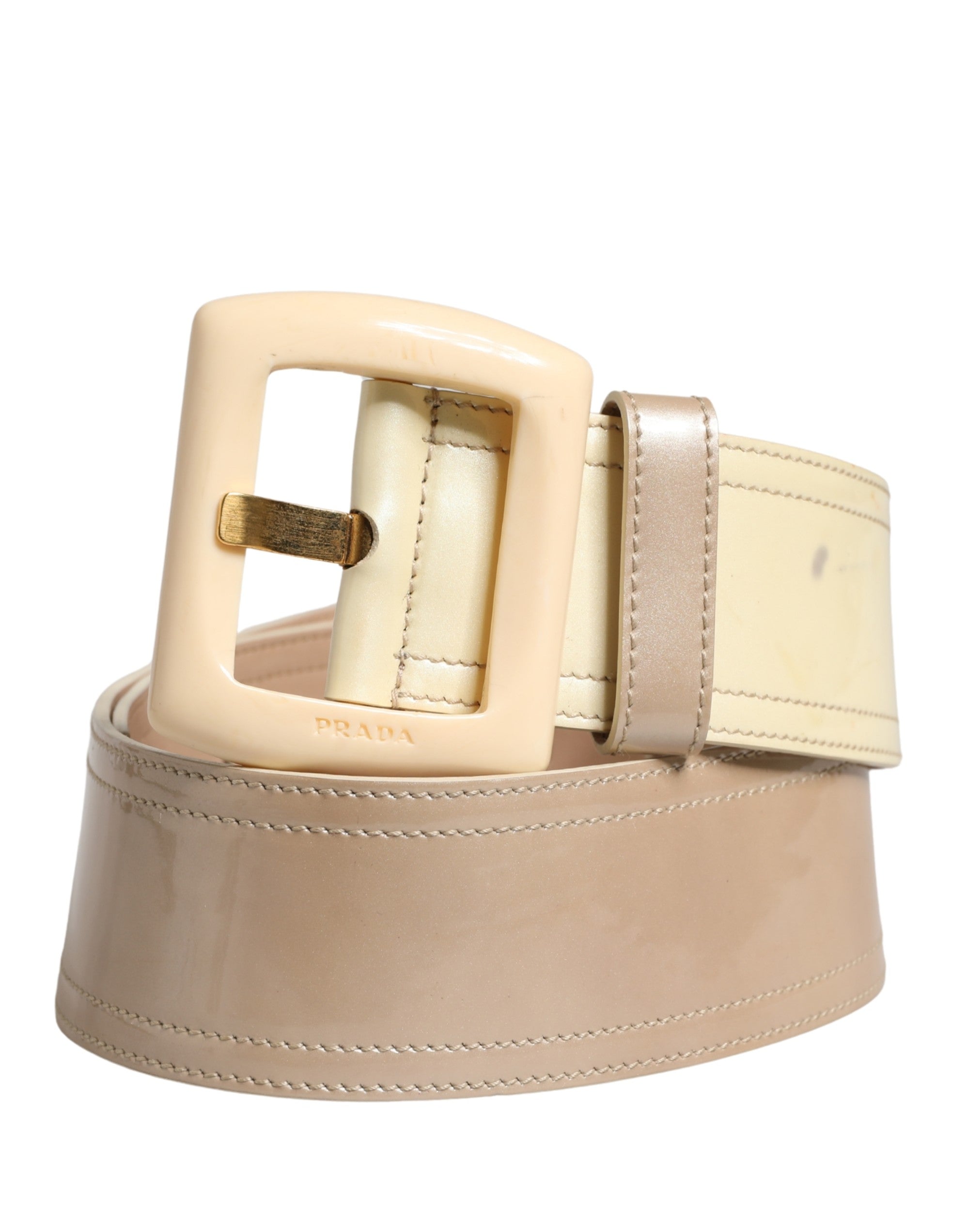Prada Beige Leather Logo Wide Waist Women Square Buckle Women's Belt (Pre-Owned)