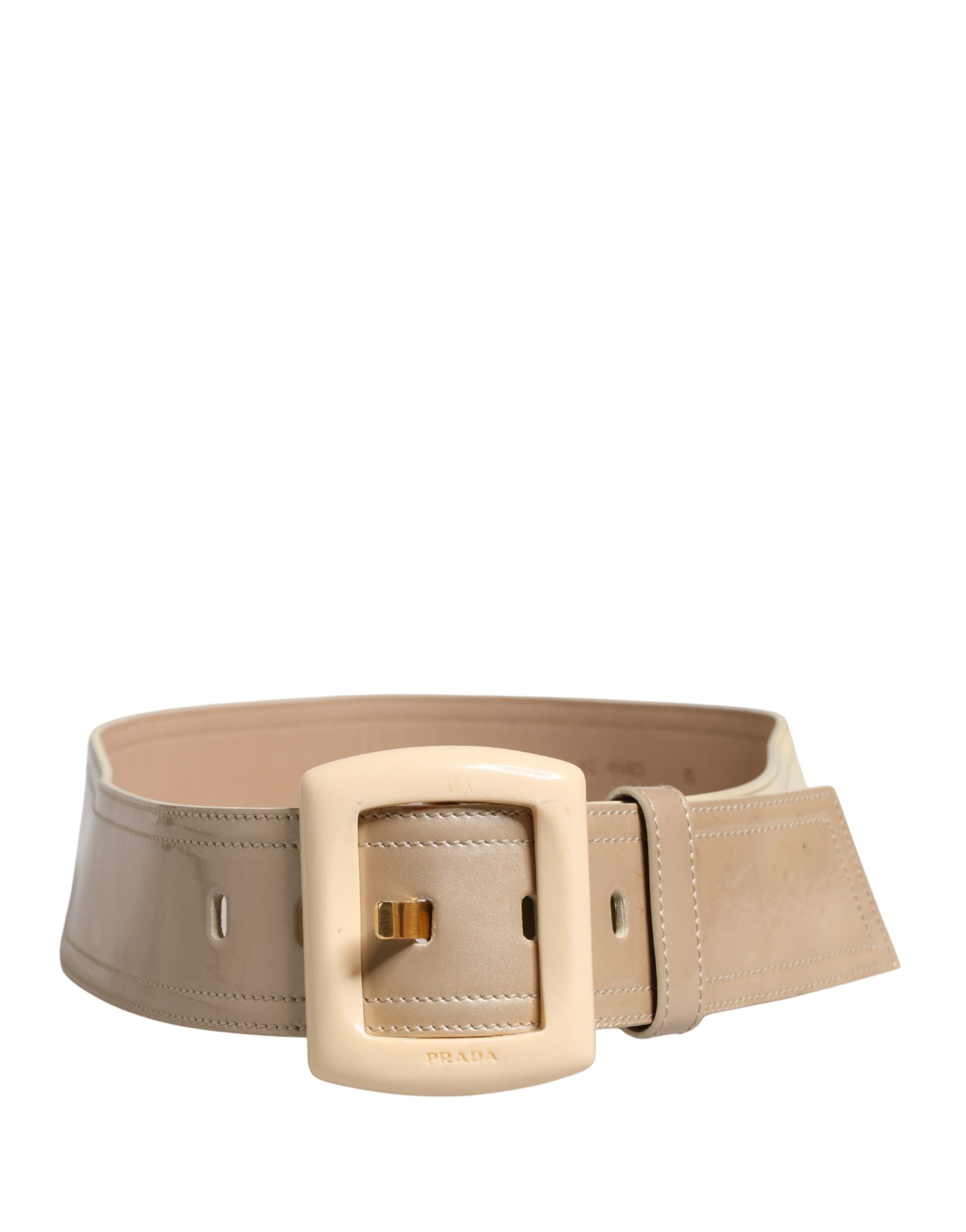 Prada Beige Leather Logo Wide Waist Women Square Buckle Women's Belt (Pre-Owned)