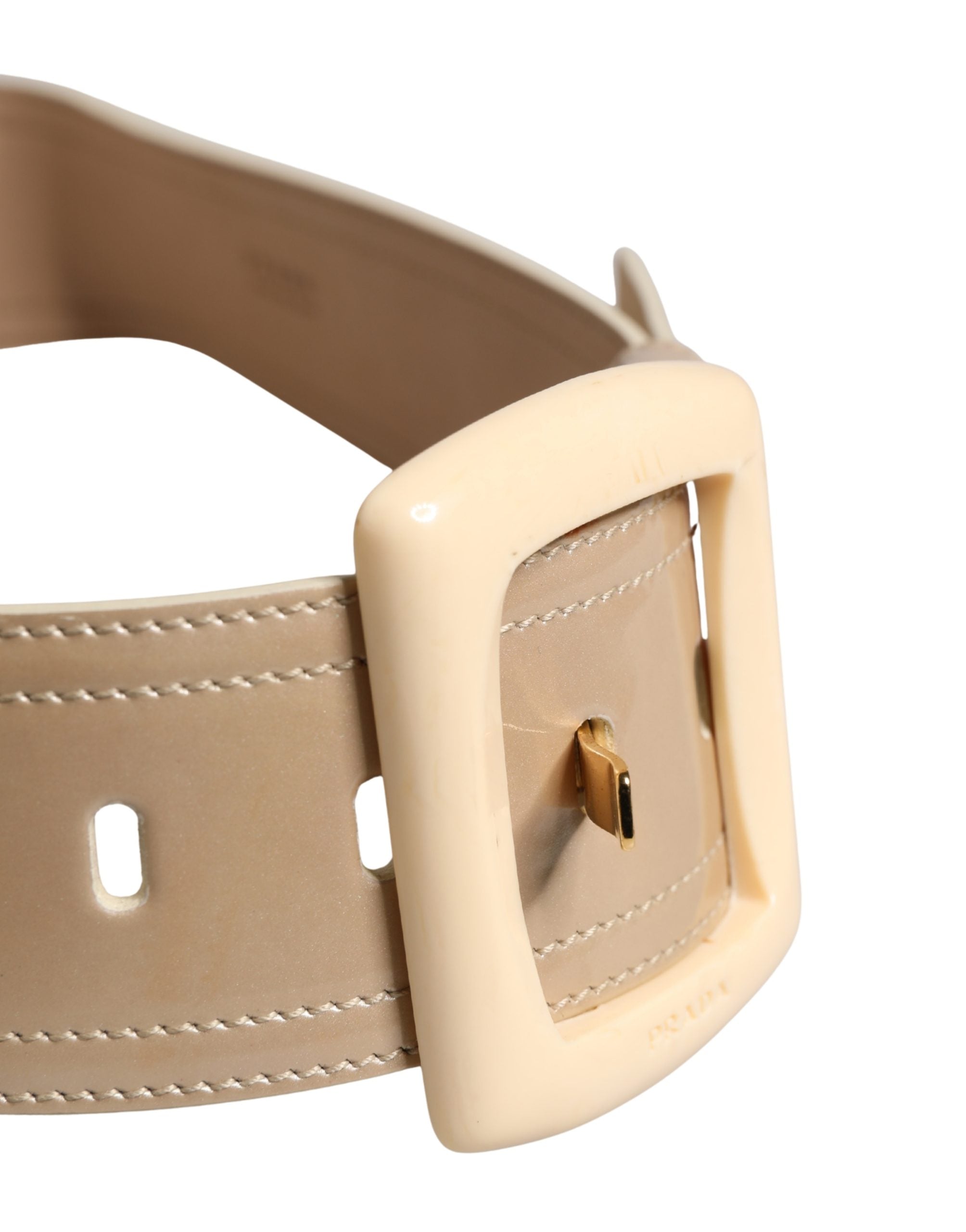 Prada Beige Leather Logo Wide Waist Women Square Buckle Women's Belt (Pre-Owned)