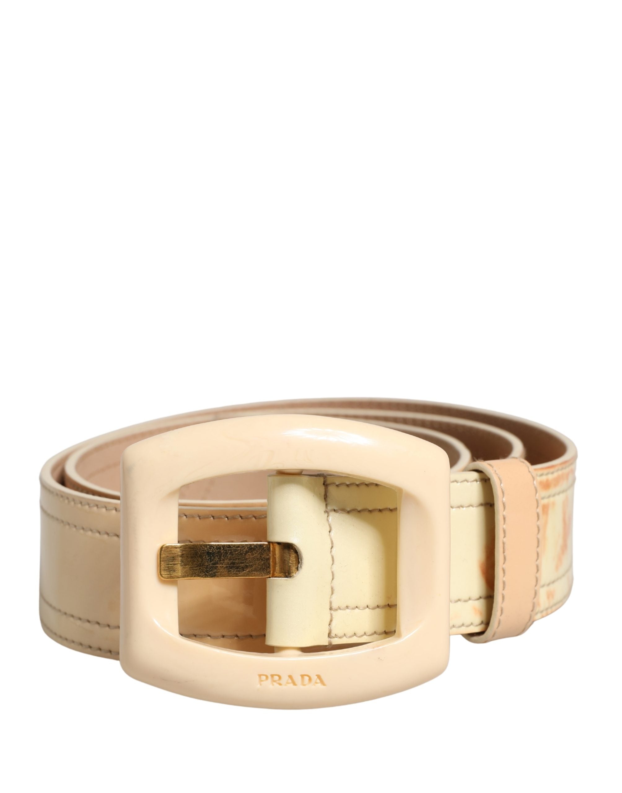 Prada Beige Leather Logo Wide Waist Women Square Buckle Women's Belt (Pre-Owned)