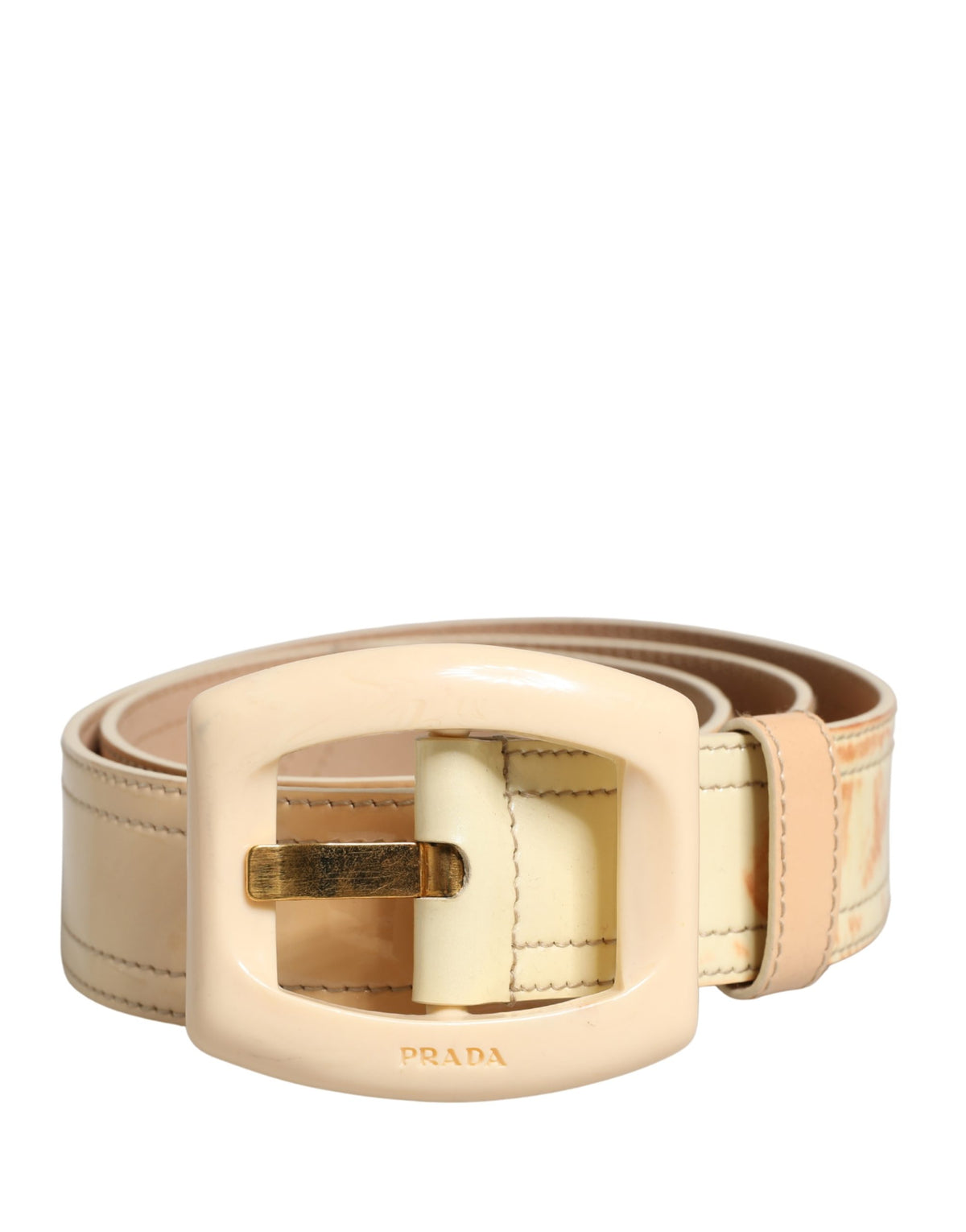 Prada Beige Leather Logo Wide Waist Women Square Buckle Women's Belt (Pre-Owned)