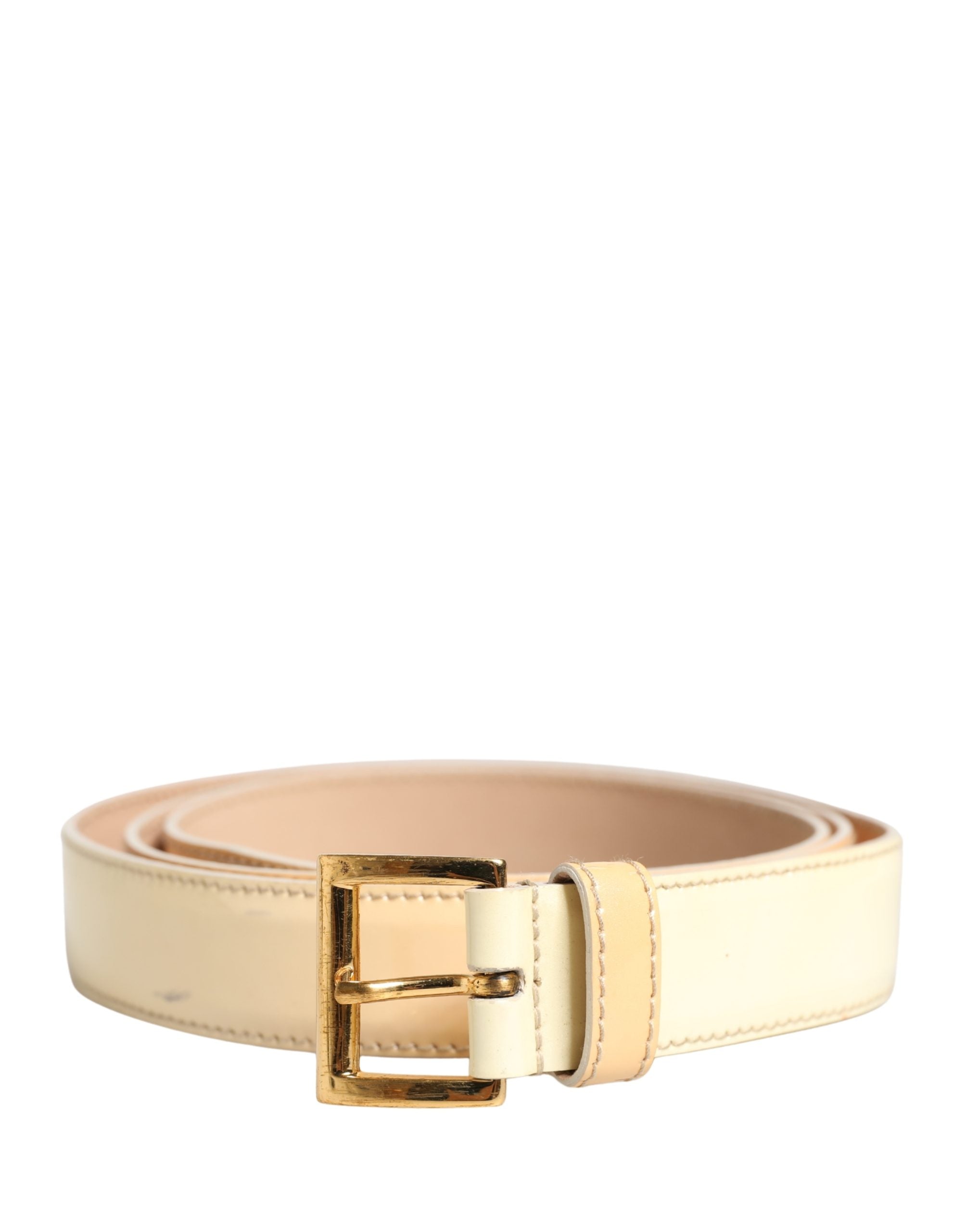 Prada Beige Leather Logo Waist Women Gold Metal Buckle Women's Belt (Pre-Owned)