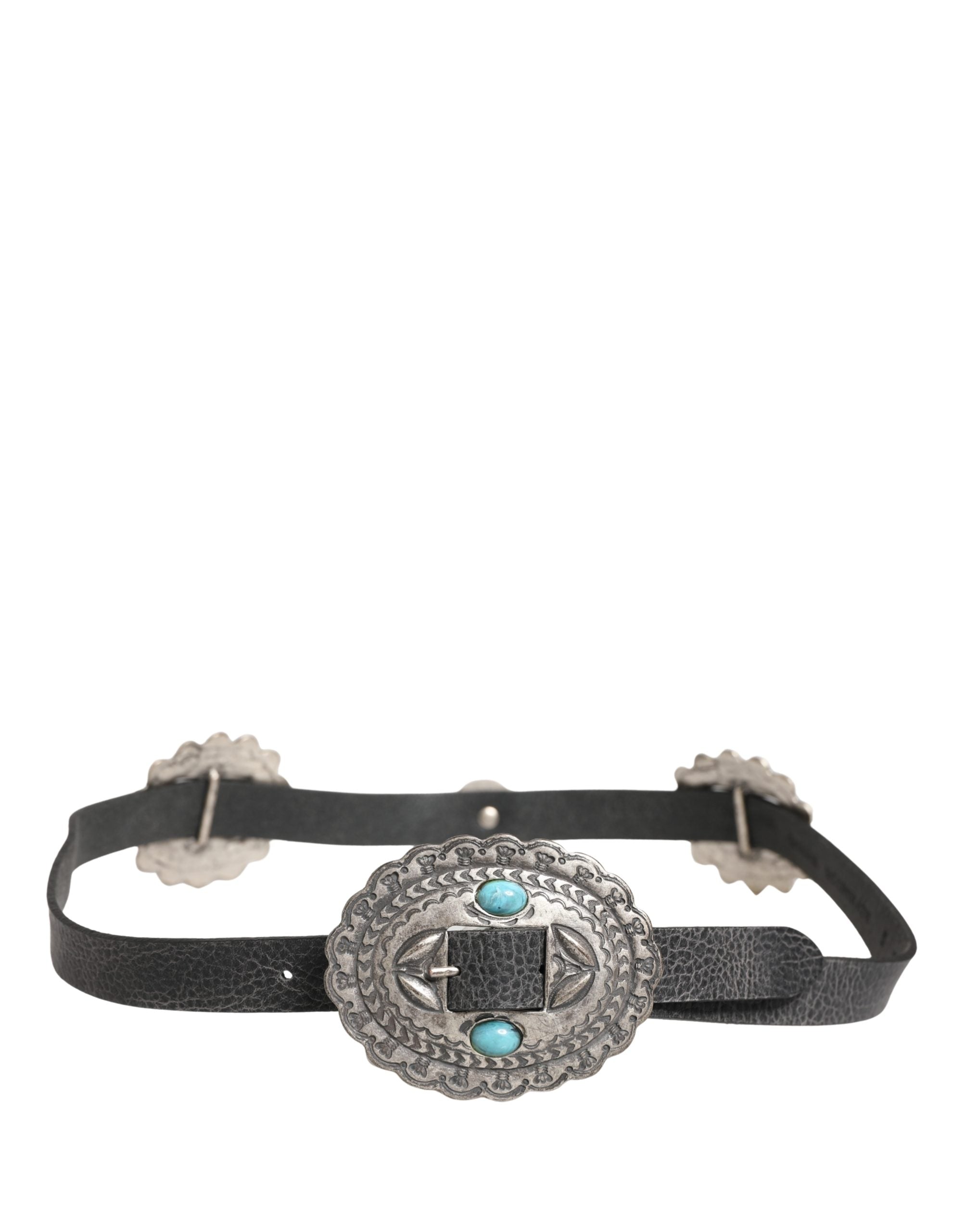 Cavalli Class Black Turquoise Leather Embellished Oval Buckle Women's Belt