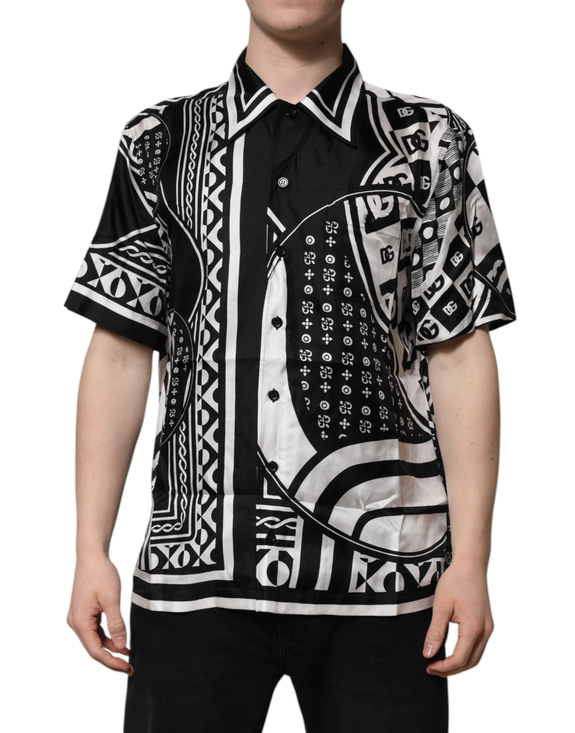 Dolce & Gabbana Black Silk Logo Print Short Sleeves Men's Shirt (Pre-Owned)