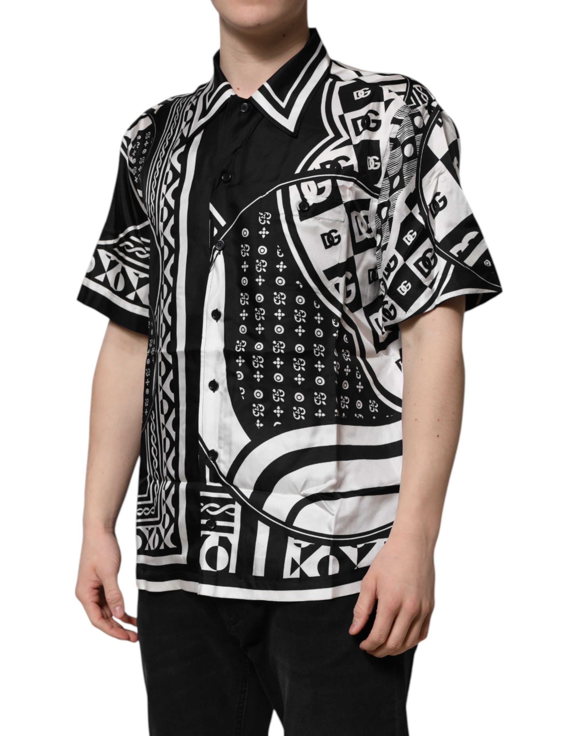 Dolce & Gabbana Black Silk Logo Print Short Sleeves Men's Shirt (Pre-Owned)