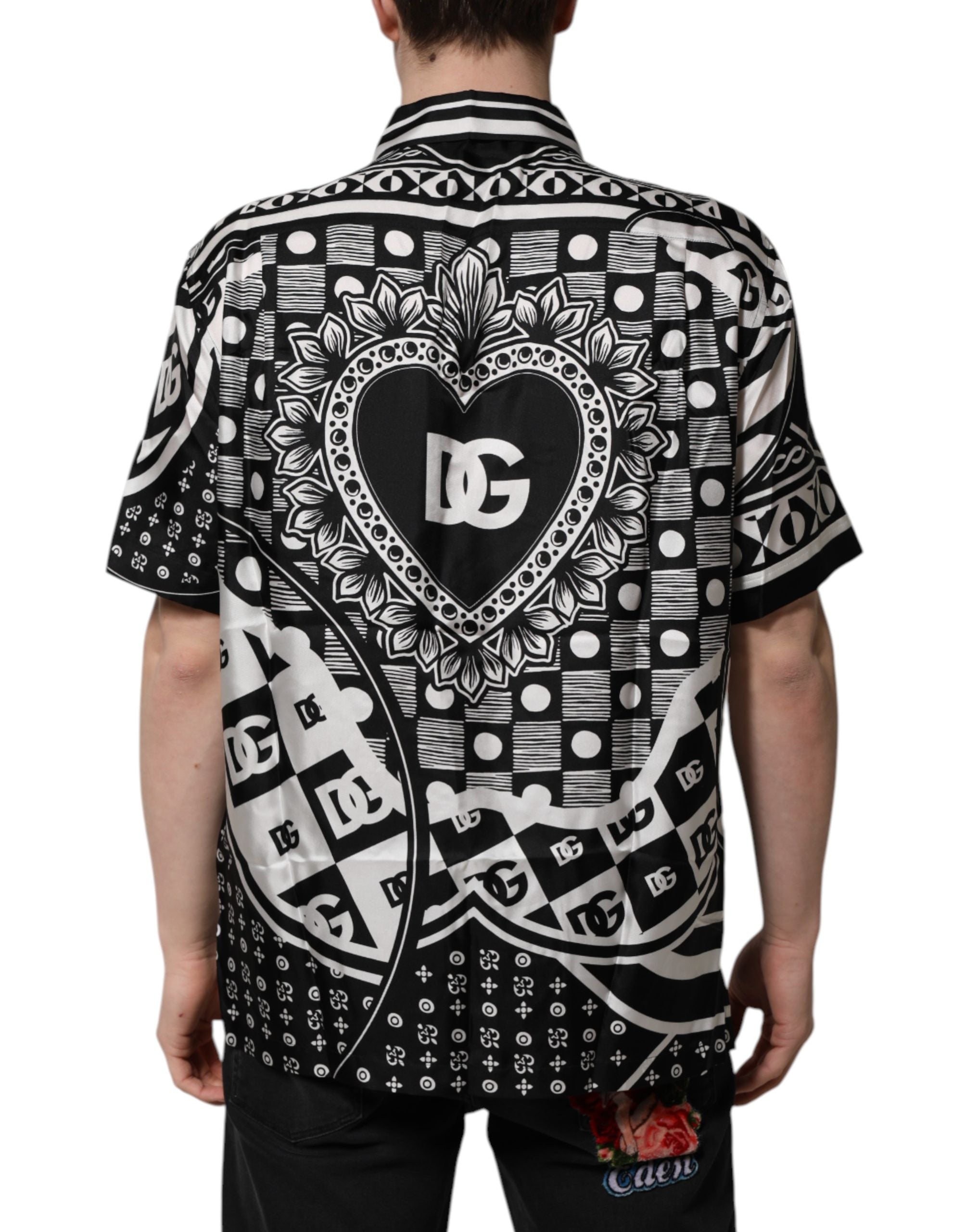 Dolce & Gabbana Black Silk Logo Print Short Sleeves Men's Shirt (Pre-Owned)
