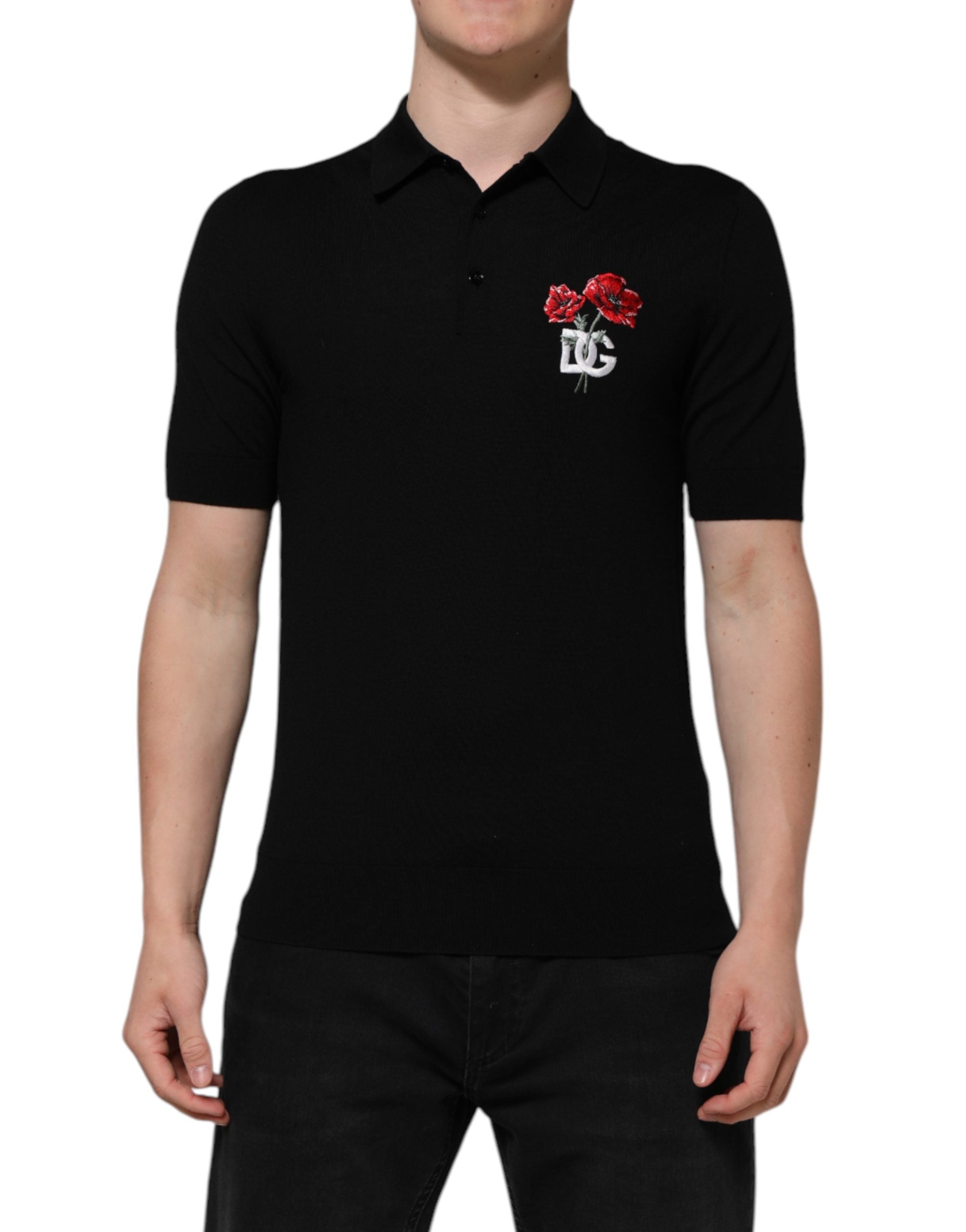 Dolce & Gabbana Black Wool Logo Floral Short Sleeve Men's T-shirt