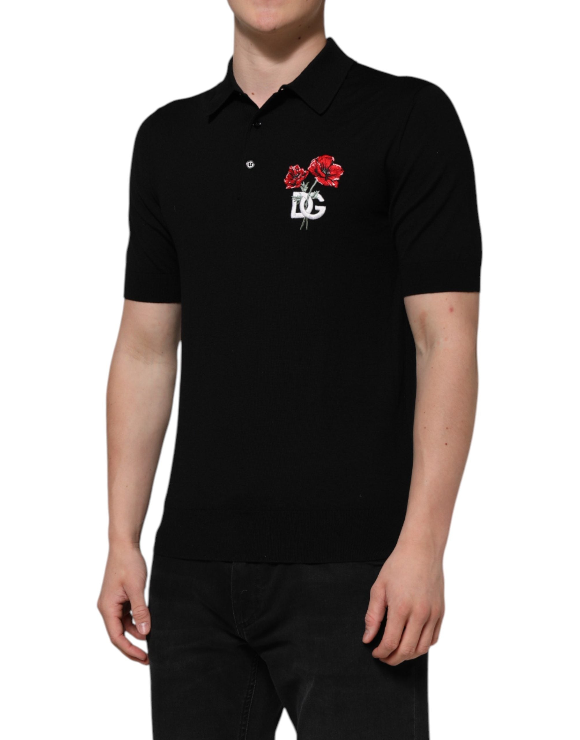 Dolce & Gabbana Black Wool Logo Floral Short Sleeve Men's T-shirt