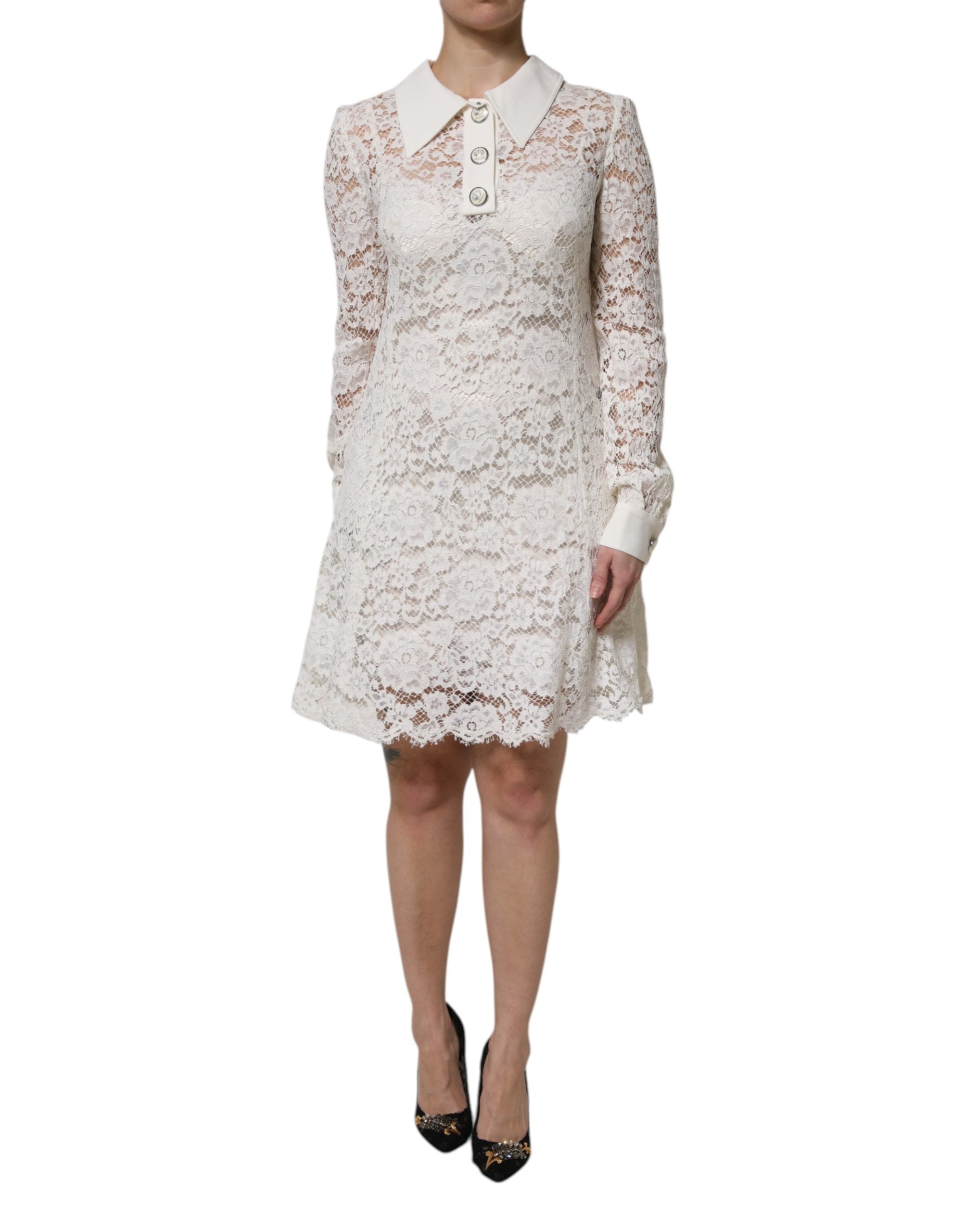 Dolce & Gabbana White Floral Lace Viscose Collared Mini Women's Dress