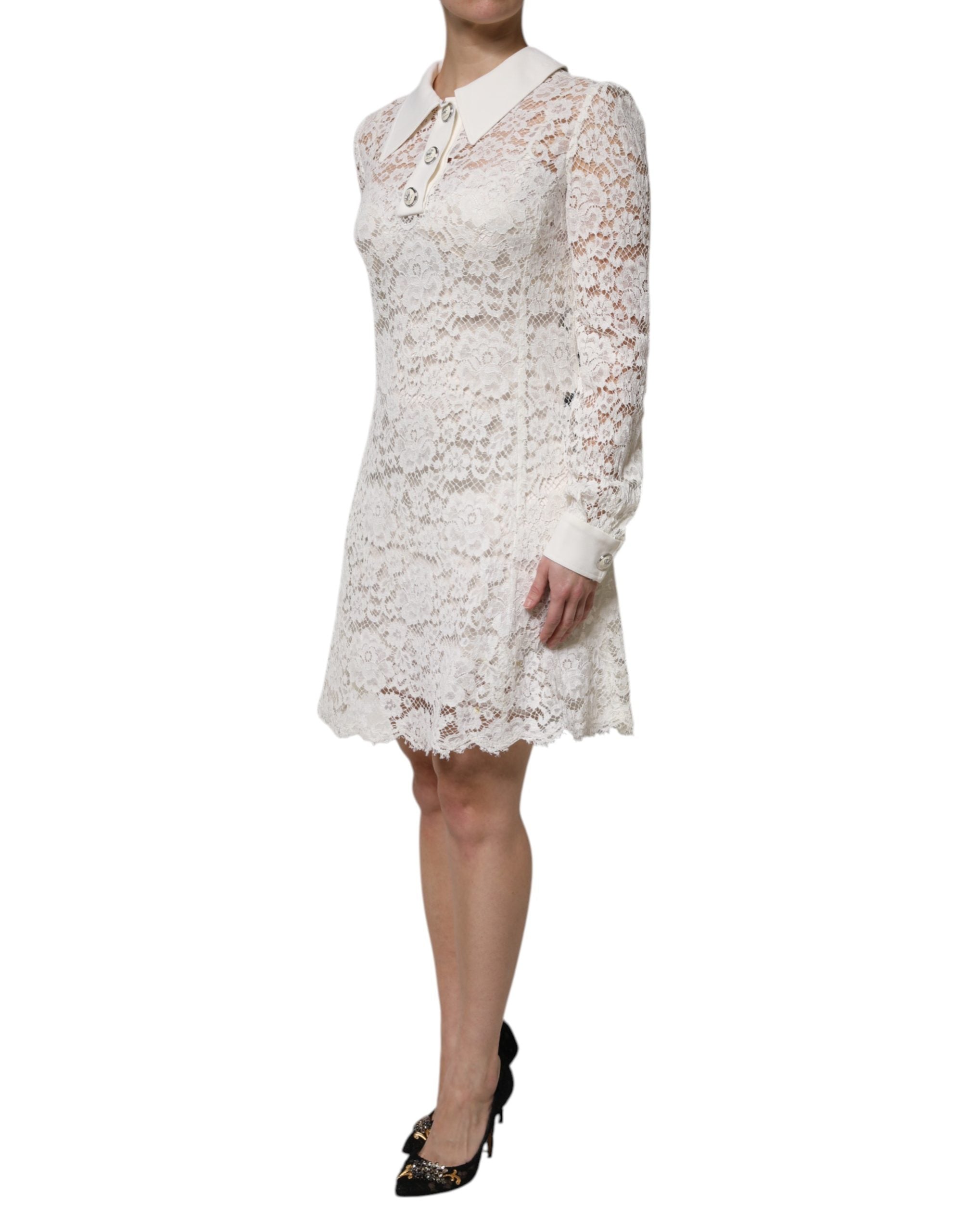 Dolce & Gabbana White Floral Lace Viscose Collared Mini Women's Dress