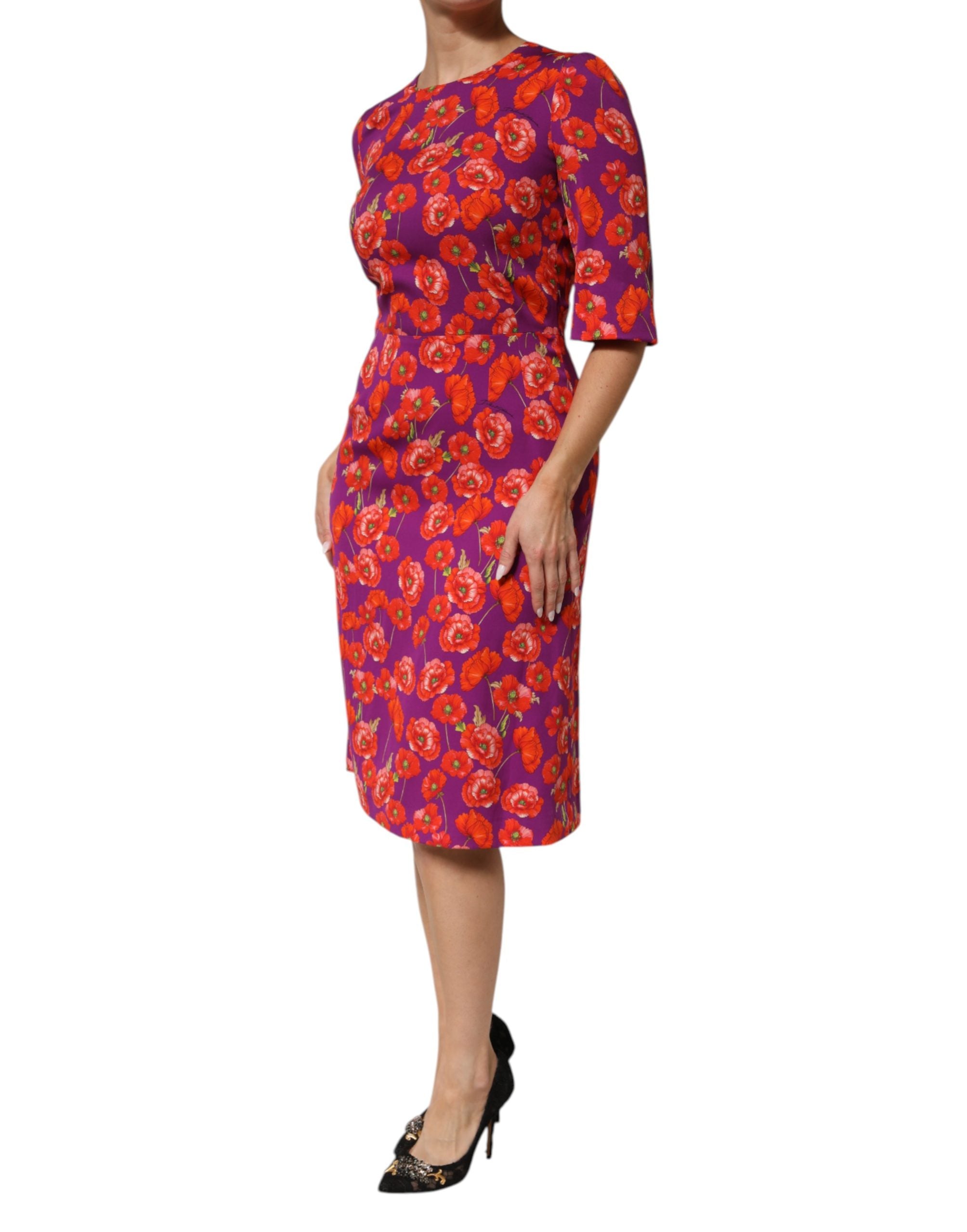 Dolce & Gabbana Purple Silk Floral Print Midi Sheath Women's Dress