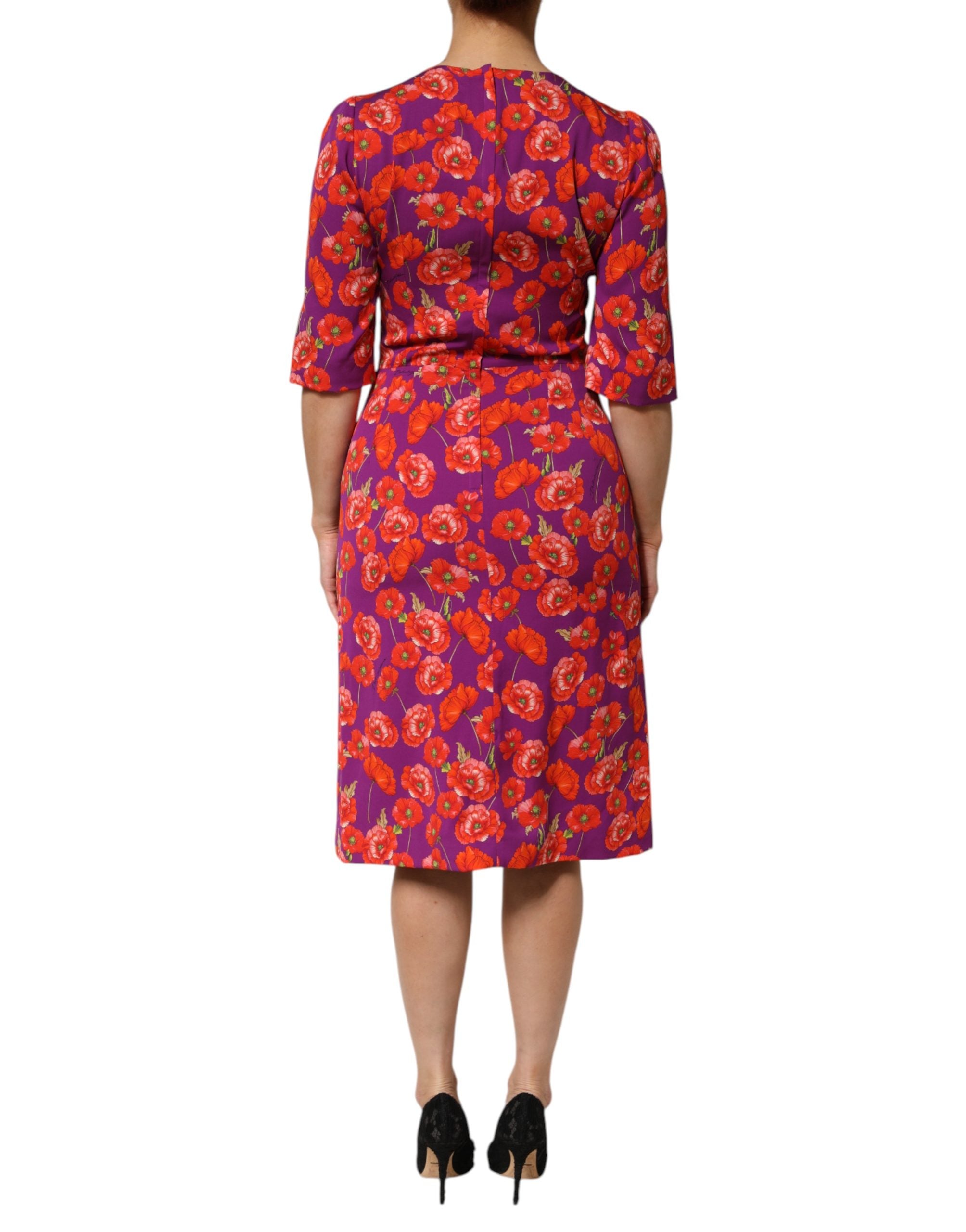 Dolce & Gabbana Purple Silk Floral Print Midi Sheath Women's Dress