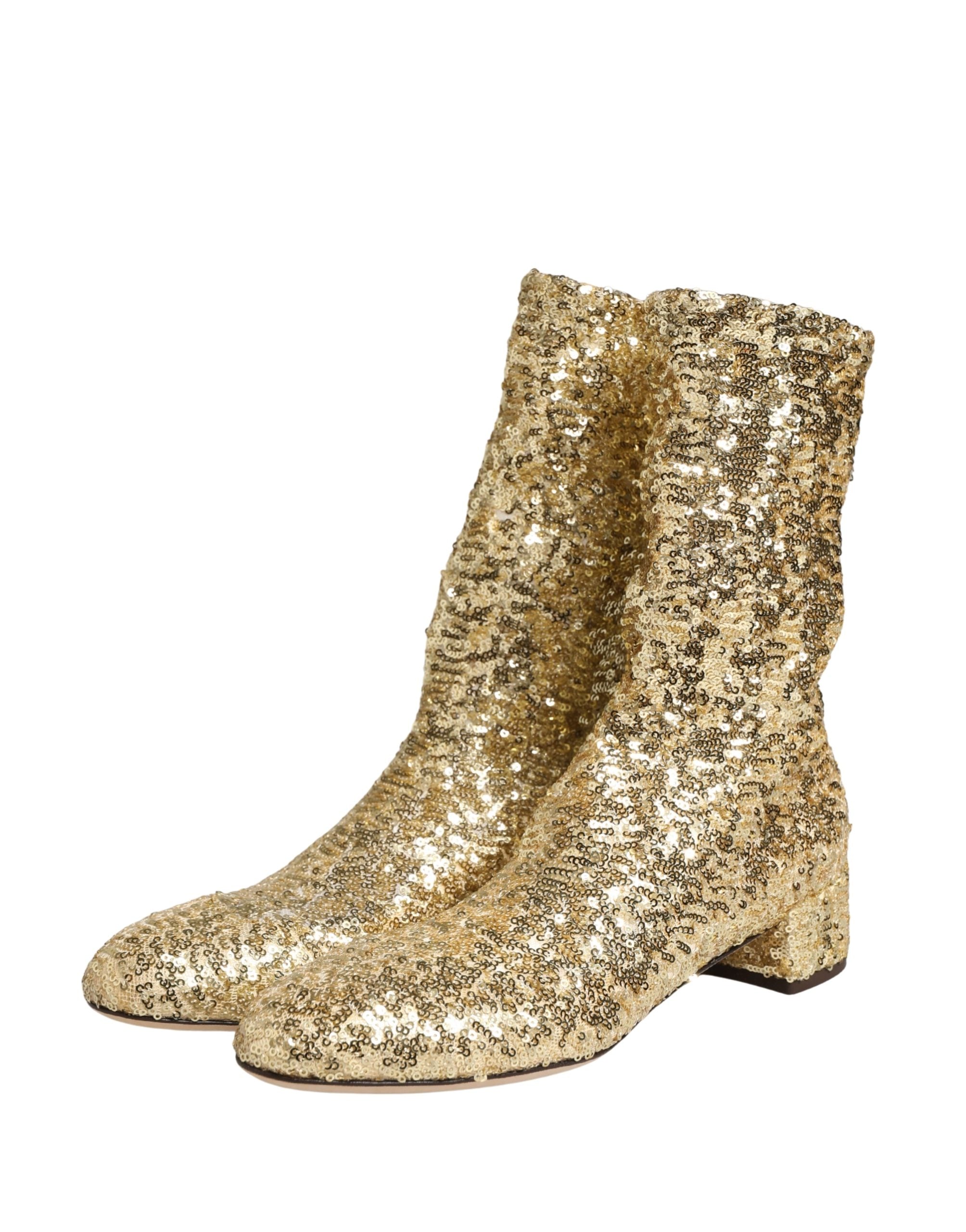 Dolce & Gabbana Gold Sequined Short Boots Stretch Women's Shoes
