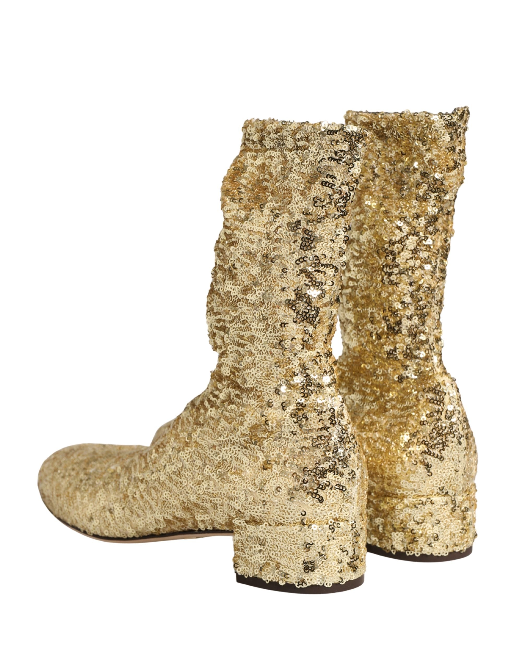 Dolce & Gabbana Gold Sequined Short Boots Stretch Women's Shoes