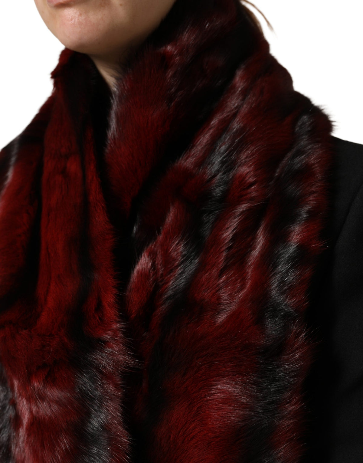 Dolce & Gabbana Black Red Stripe Fur Shawl Neck Wrap Women's Scarf