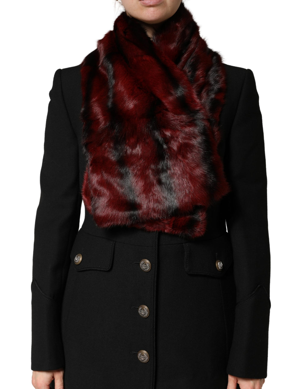 Dolce & Gabbana Black Red Stripe Fur Shawl Neck Wrap Women's Scarf