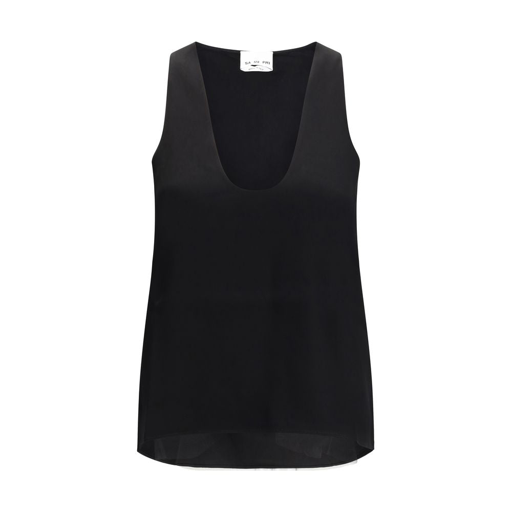 SA SU PHI Black Silk Sleeveles Women's T-Shirt
