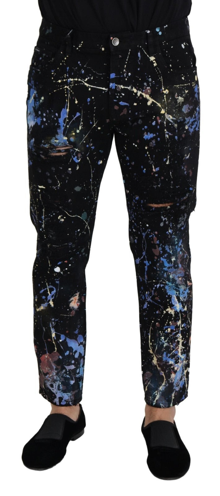 Dolce & Gabbana Black Cotton Color Splash Print Denim Men's Jeans