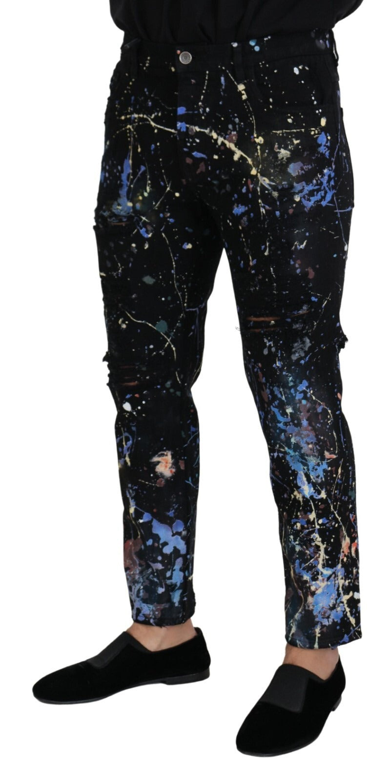 Dolce & Gabbana Black Cotton Color Splash Print Denim Men's Jeans
