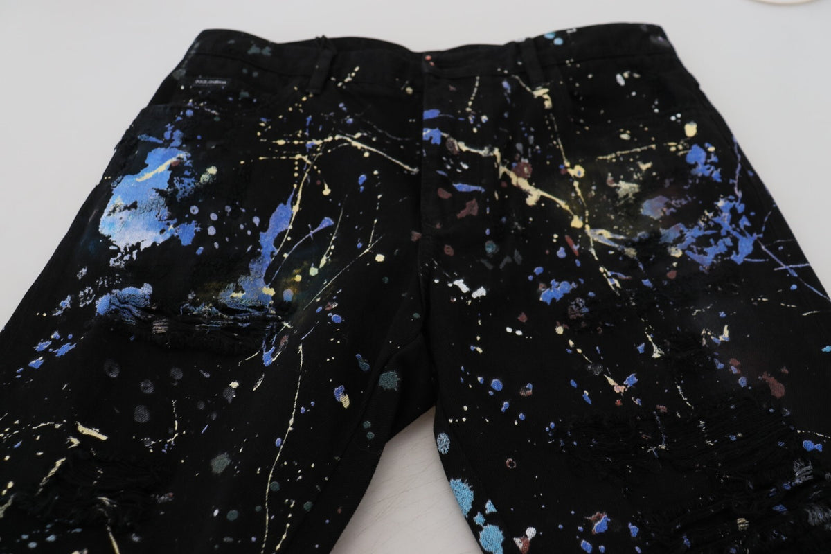 Dolce & Gabbana Black Cotton Color Splash Print Denim Men's Jeans