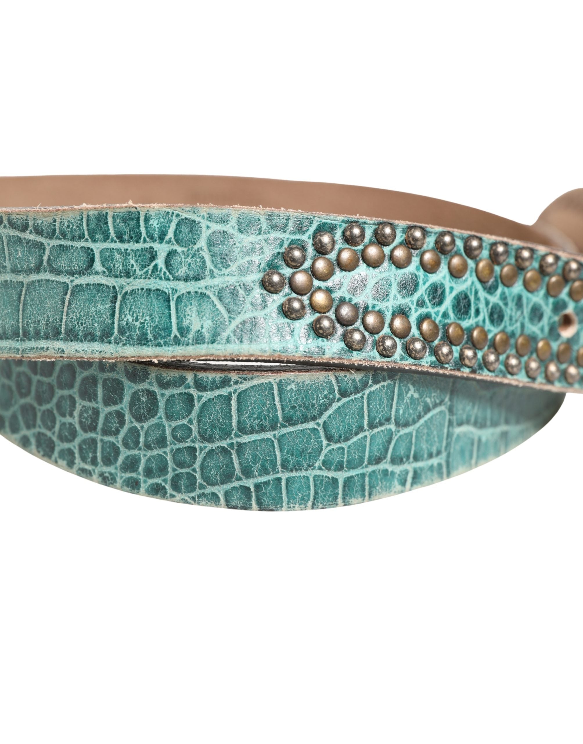 Scervino Street Women Green Leather Croco Print Studded Women's Belt