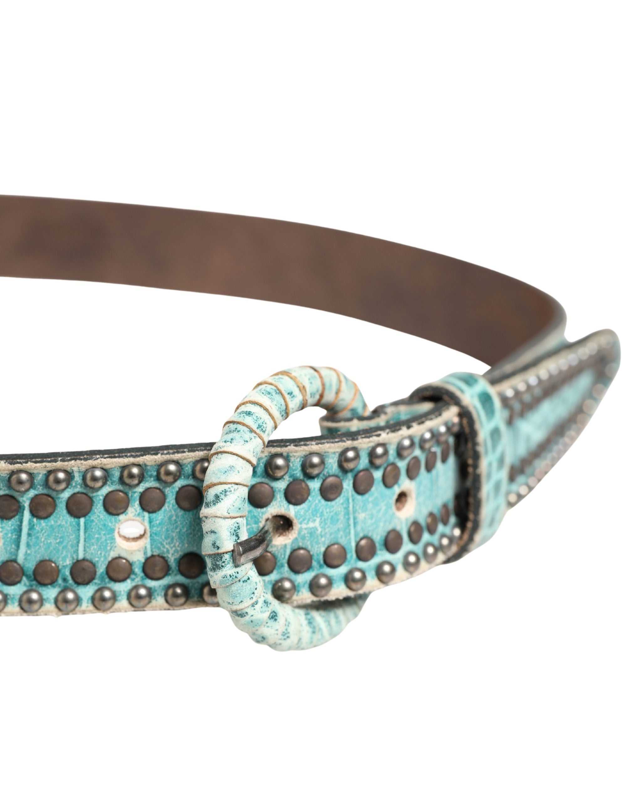 Scervino Street Women Green Leather Croco Print Studded Women's Belt (Pre-Owned)