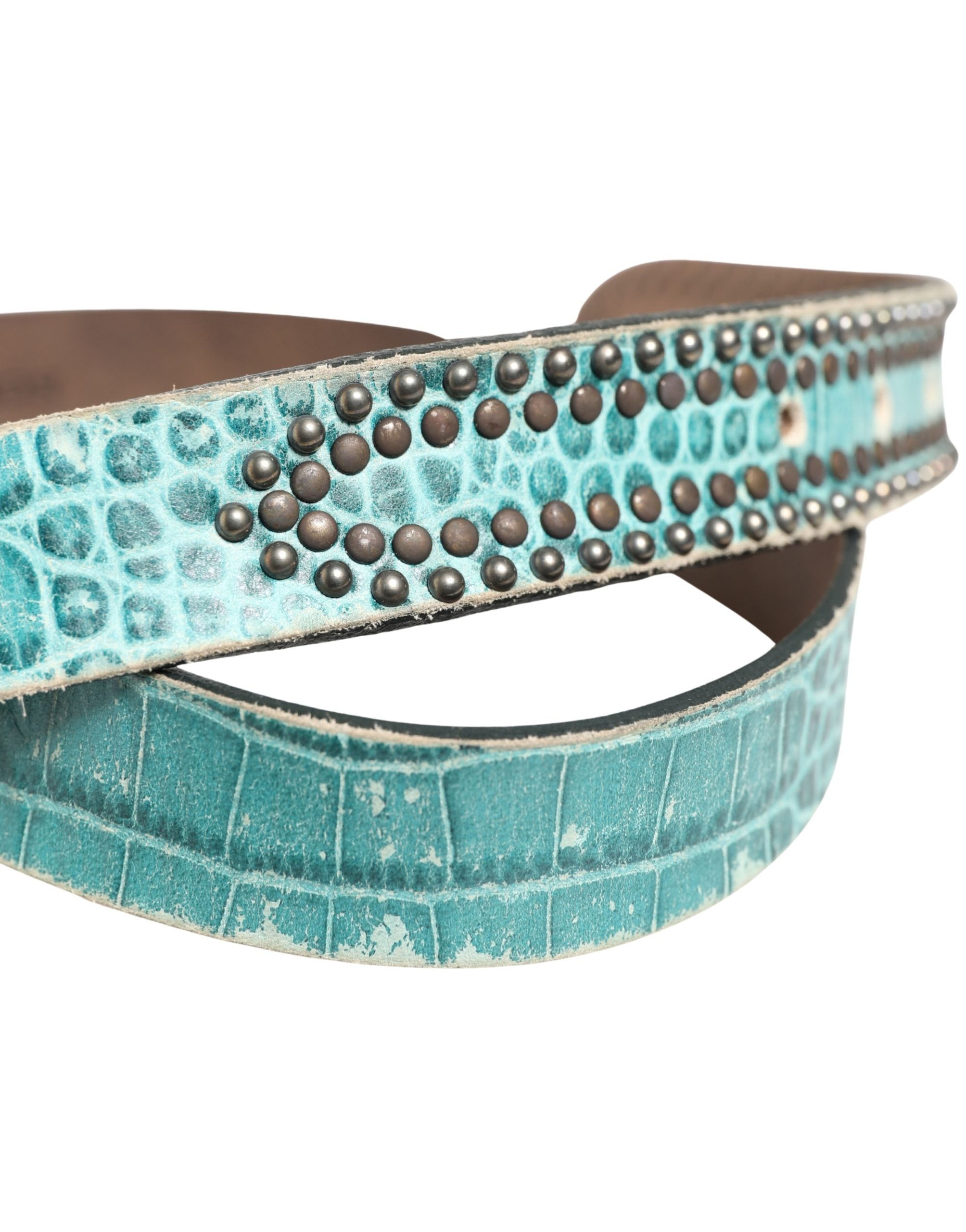 Scervino Street Women Green Leather Croco Print Studded Women's Belt (Pre-Owned)