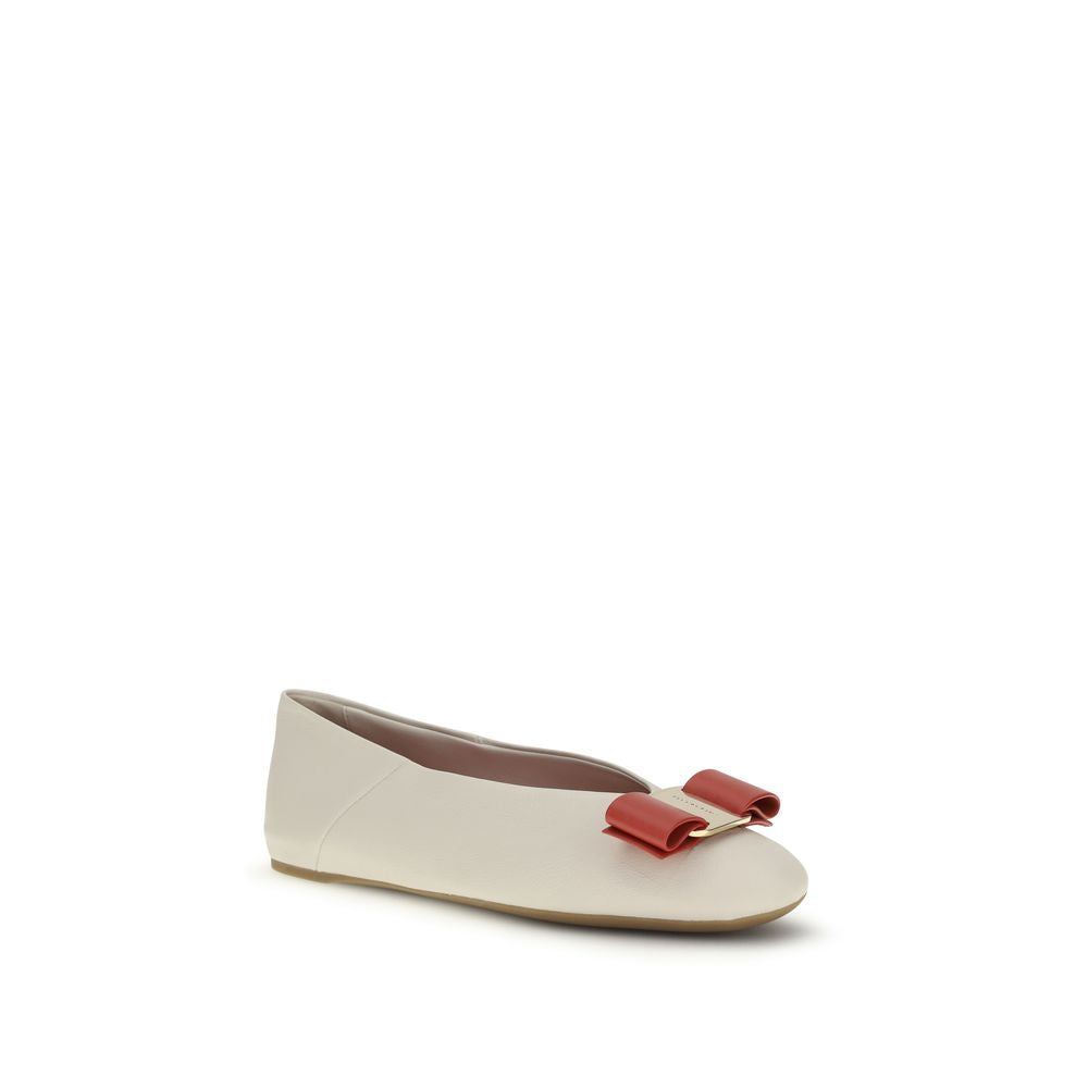 Ferragamo White Calf Leather Bos Taurus Ballet Women's Flats