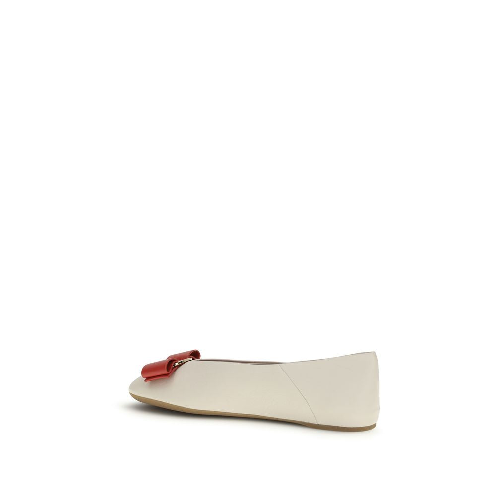 Ferragamo White Calf Leather Bos Taurus Ballet Women's Flats