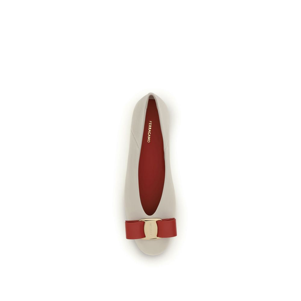 Ferragamo White Calf Leather Bos Taurus Ballet Women's Flats