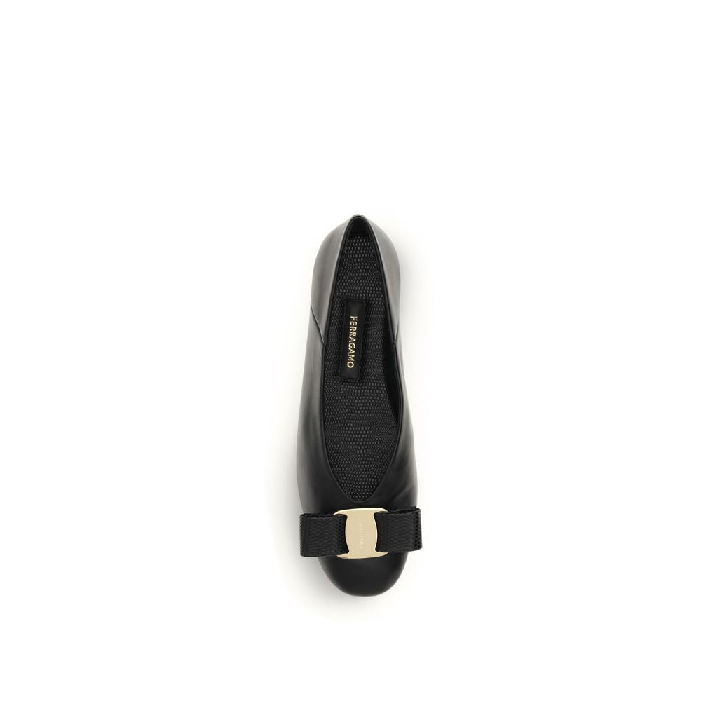 Ferragamo Black Calf Leather Bos Taurus Ballet Women's Flats