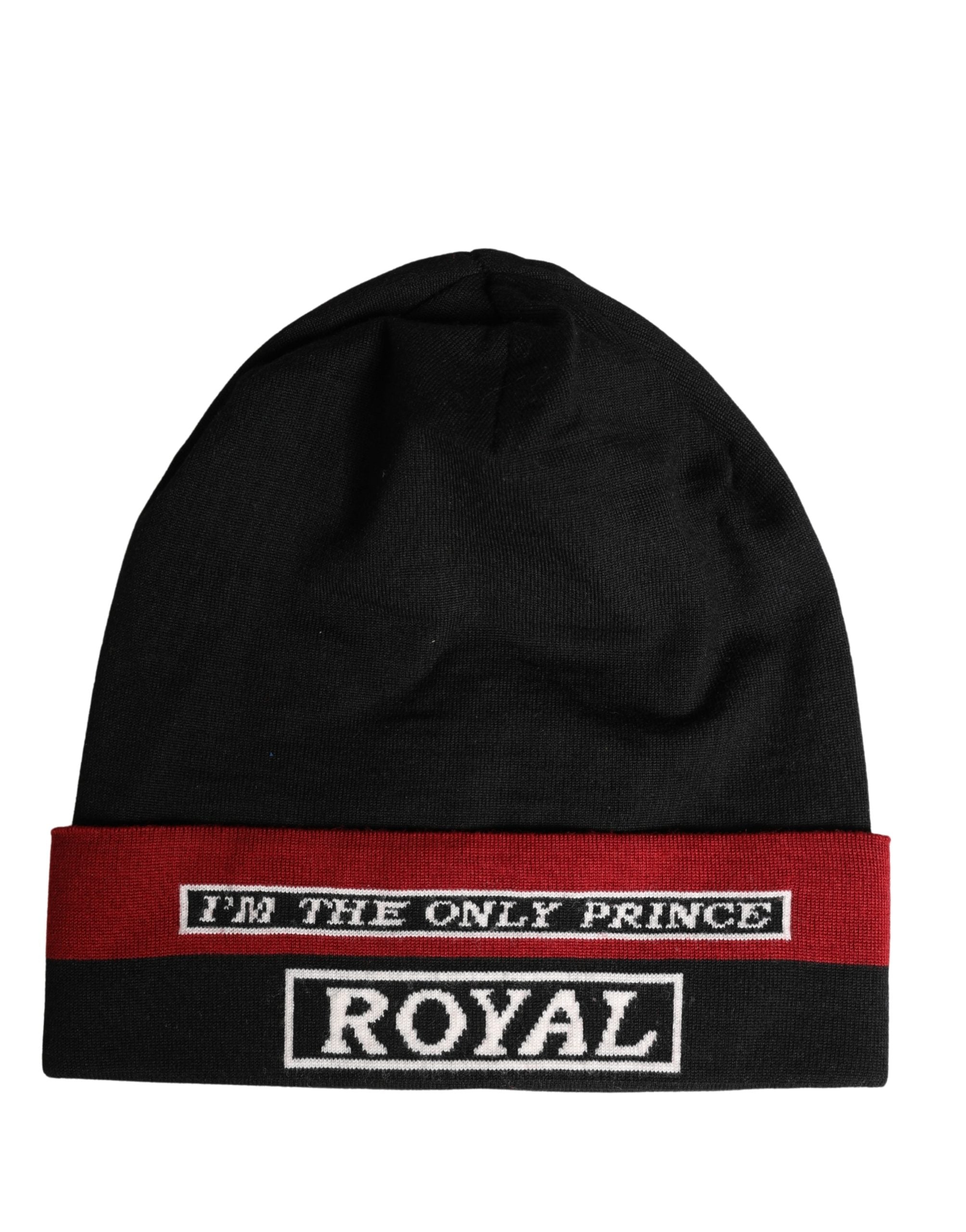 Dolce & Gabbana Black Cuffed "I'M THE ONLY PRINCE ROYAL" Beanie Men's Hat