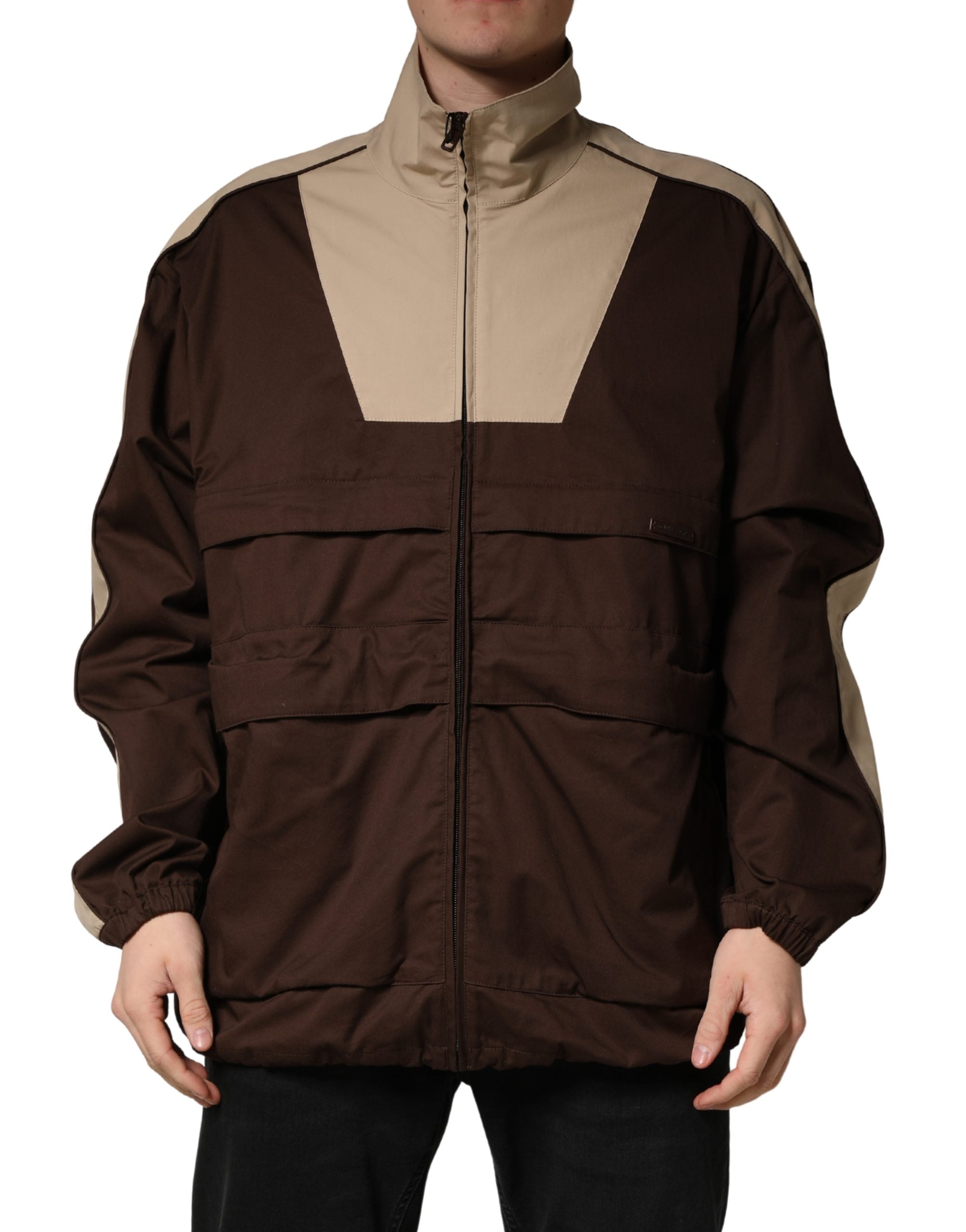 Dolce & Gabbana Brown Beige Cotton Zip Windbreaker Men's Jacket