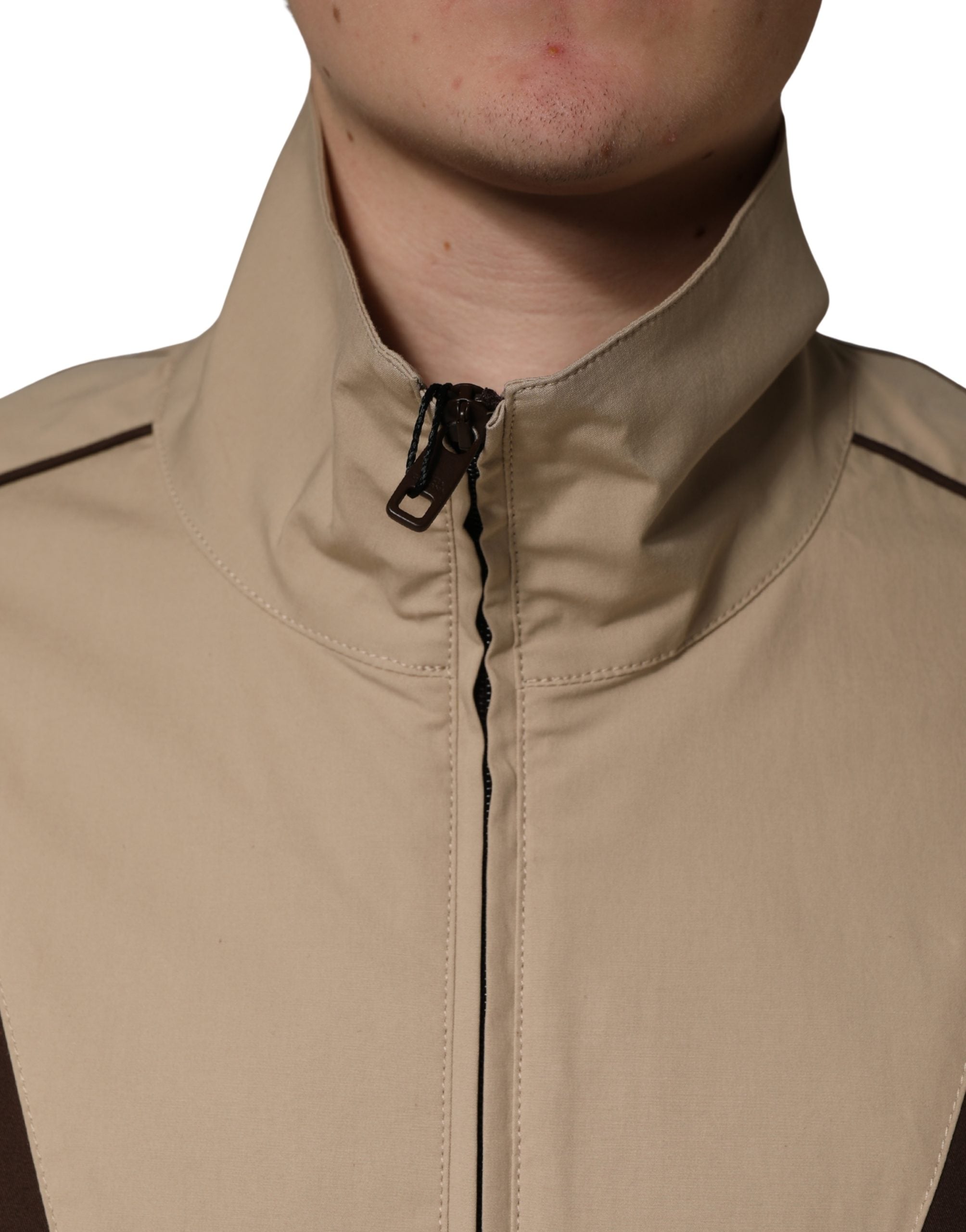 Dolce & Gabbana Brown Beige Cotton Zip Windbreaker Men's Jacket