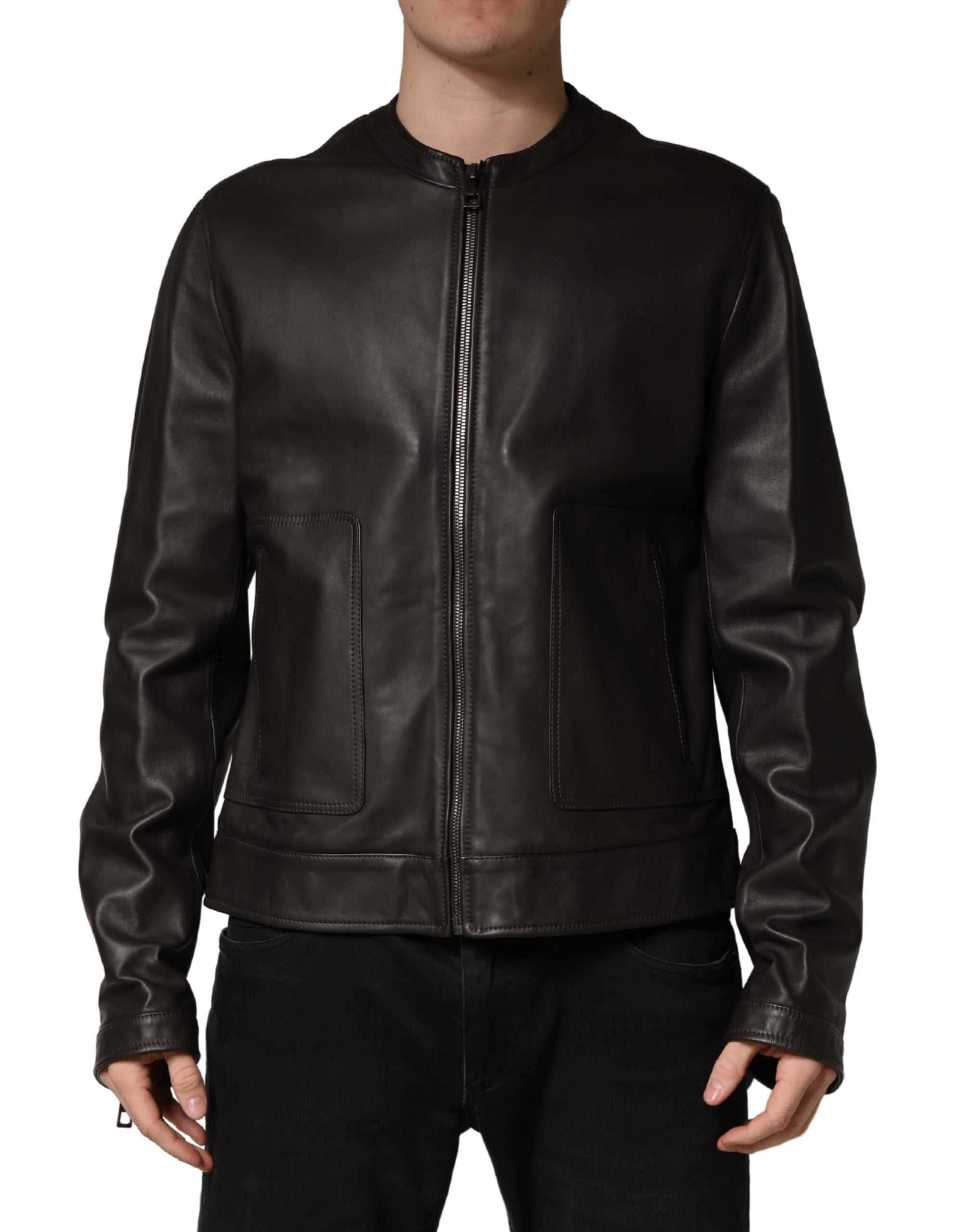 Dolce & Gabbana Black LambskinLeather Full Zip Biker Men's Jacket