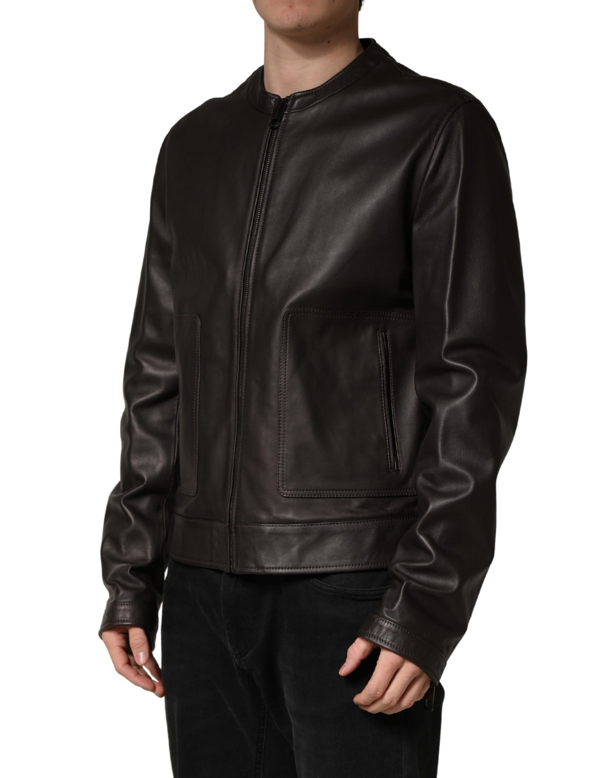 Dolce & Gabbana Black LambskinLeather Full Zip Biker Men's Jacket