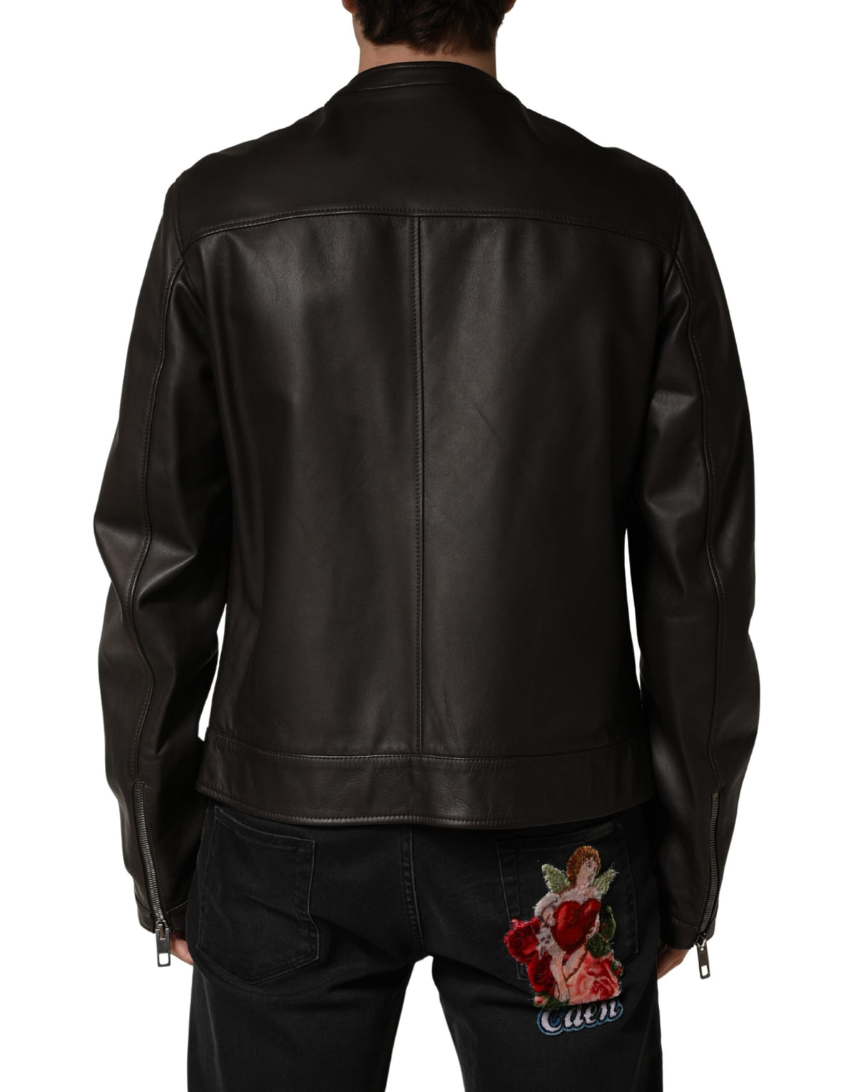 Dolce & Gabbana Black LambskinLeather Full Zip Biker Men's Jacket