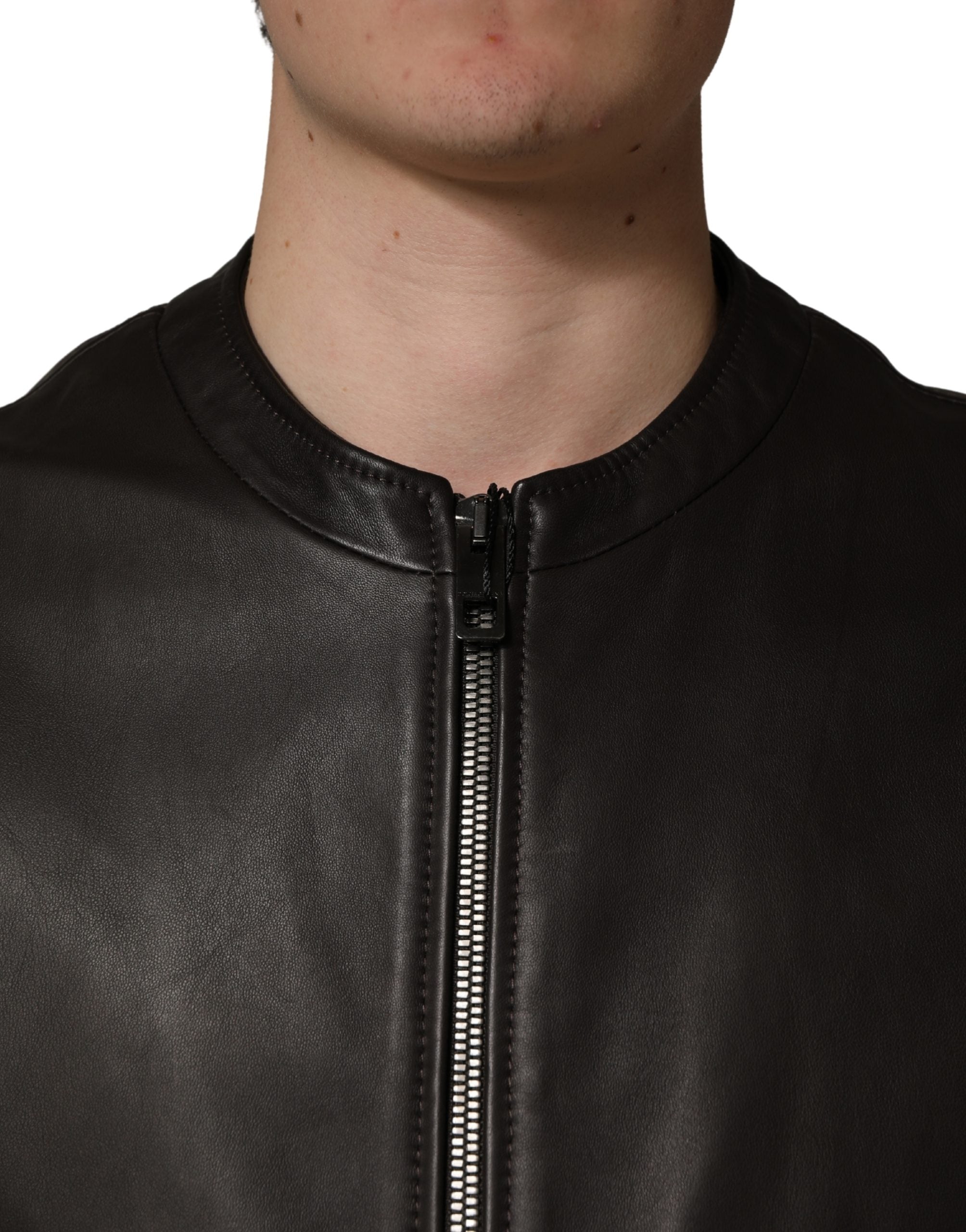 Dolce & Gabbana Black LambskinLeather Full Zip Biker Men's Jacket