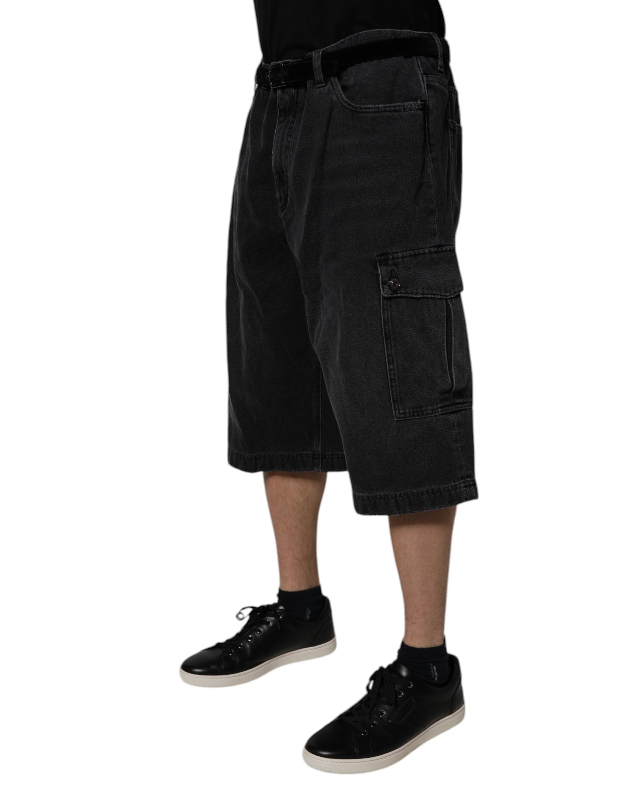 Dolce & Gabbana Black Mid Waist Denim Cargo Bermuda Men's Shorts