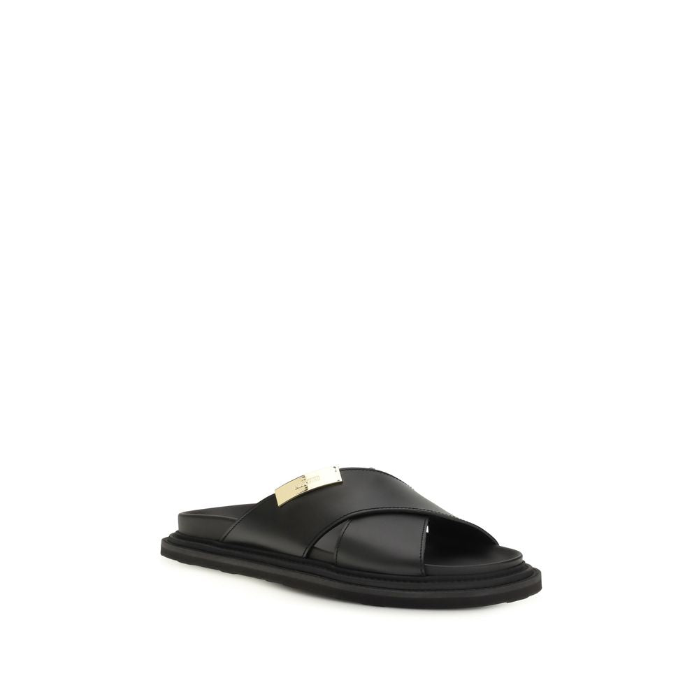 Moschino Black Calf Leather Bos Taurus Flat Men's Sandals