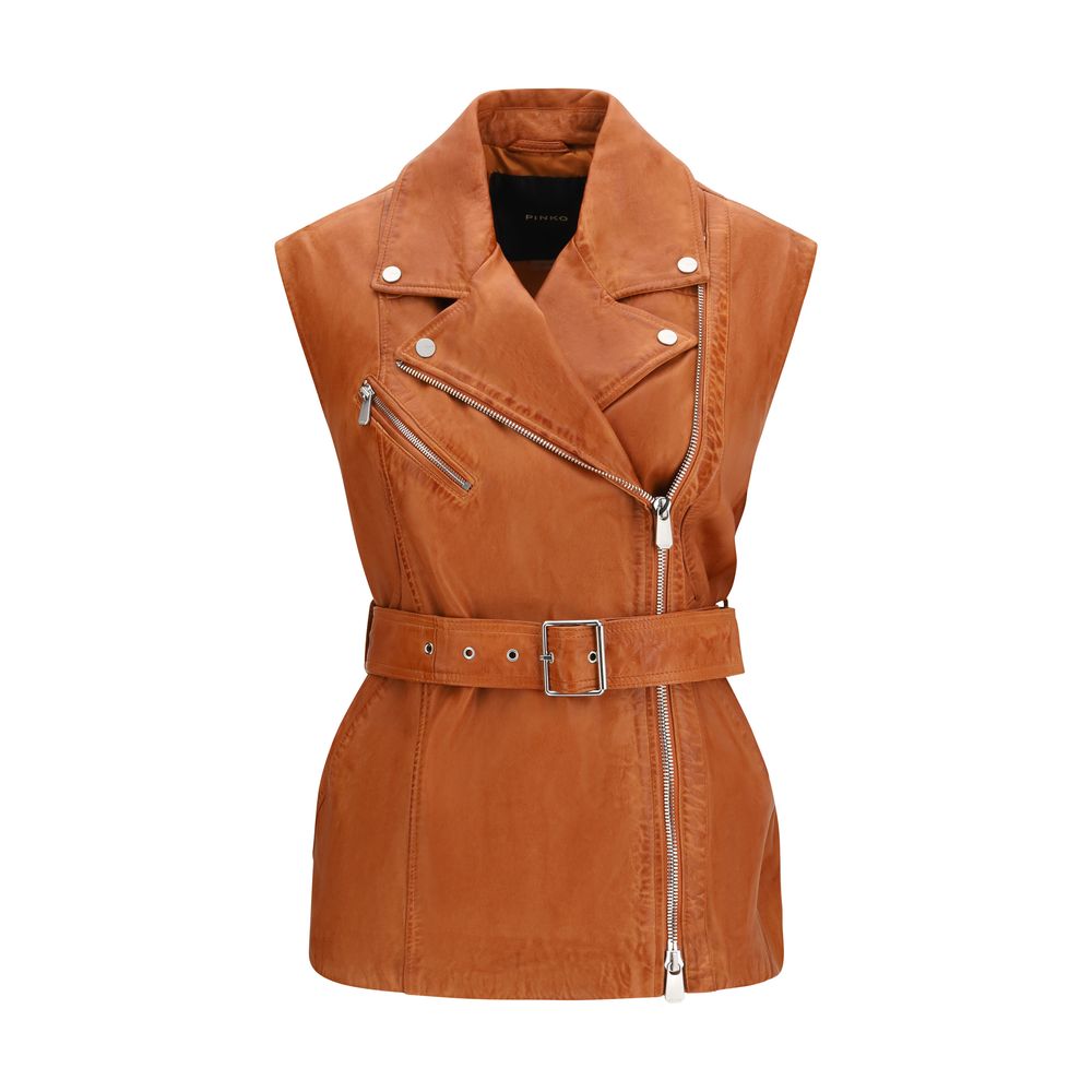 PINKO Brown Goatskin Sleeveless Women's Jacket